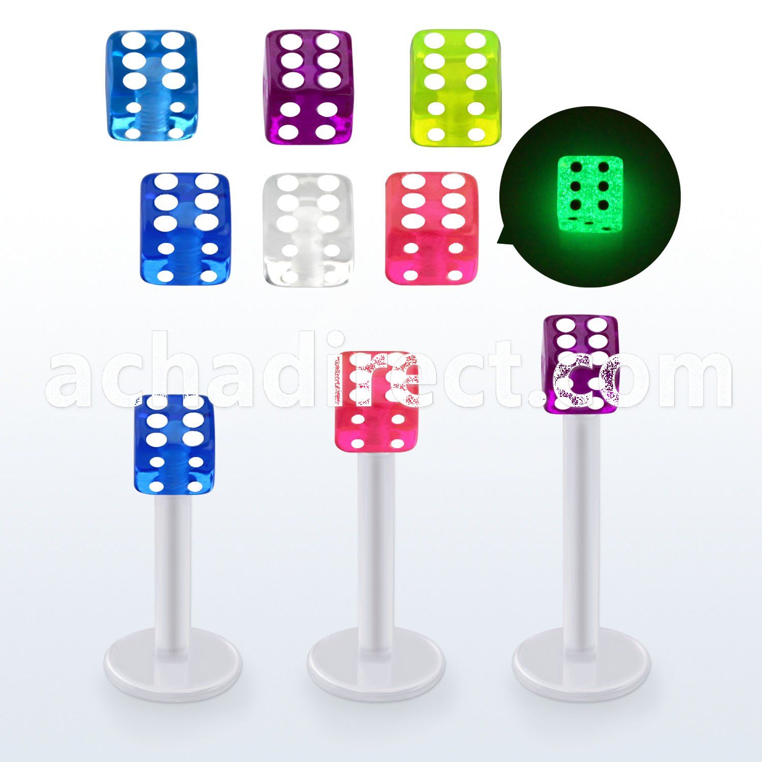 albgld4 bio  flex labret w 4mm glow in the dark acrylic dice