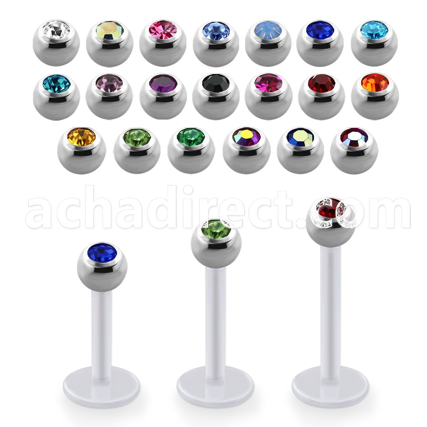 albjb3 bio  flex labret w 3mm steel balls w bezel set crystal