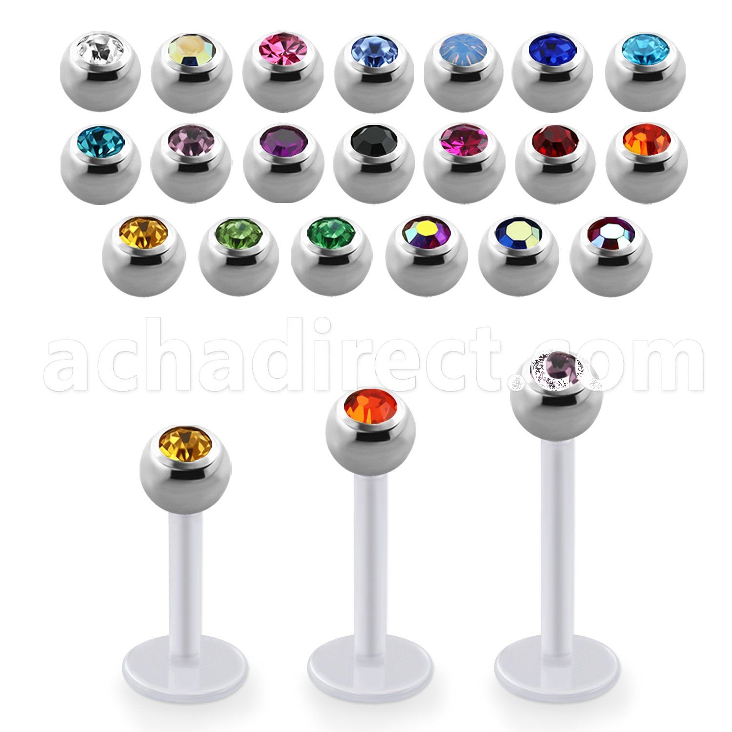 albjb4 bio  flex labret w 4mm steel balls w bezel set crystal