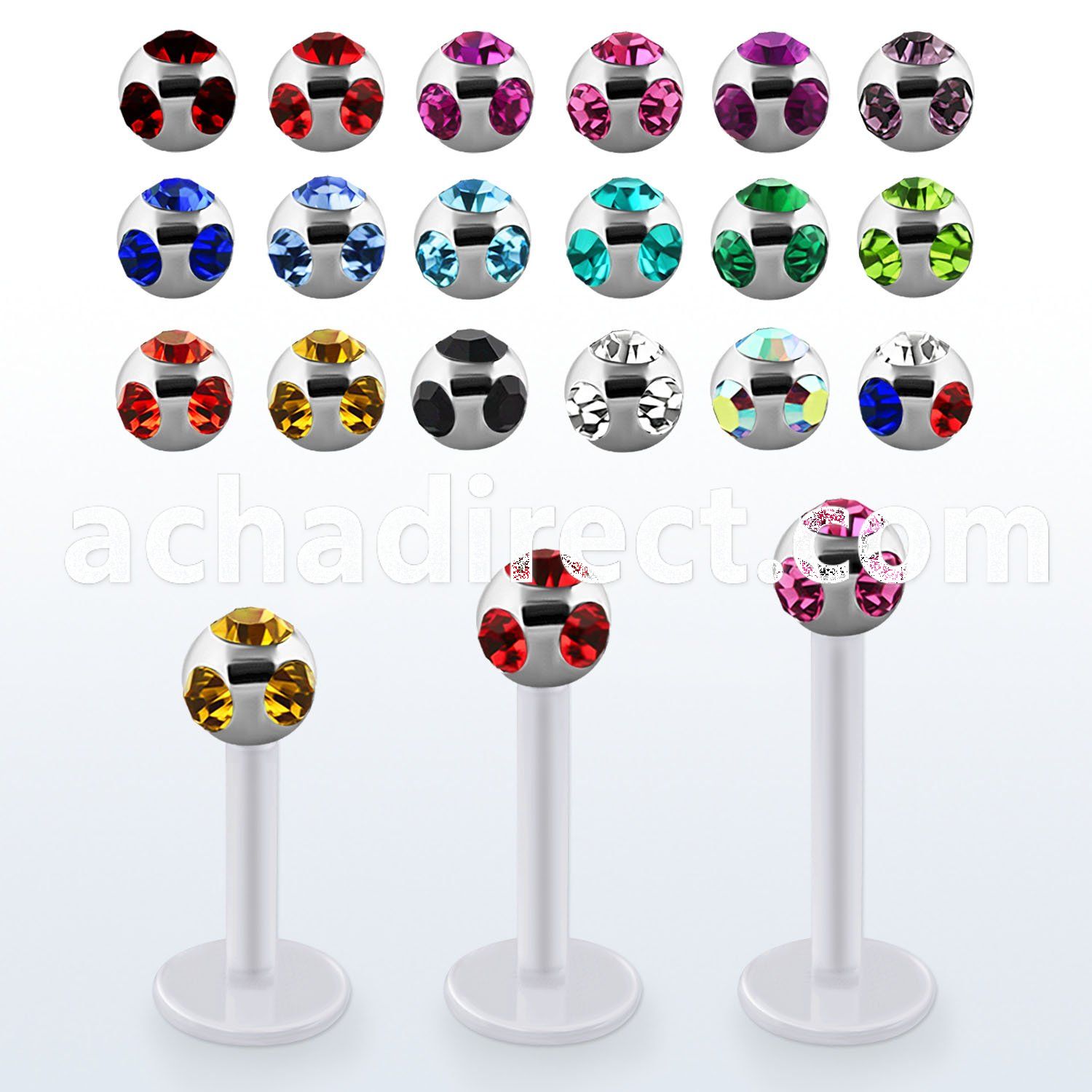 albmjb3 bio  flex labret w 3mm steel multi jewel ball