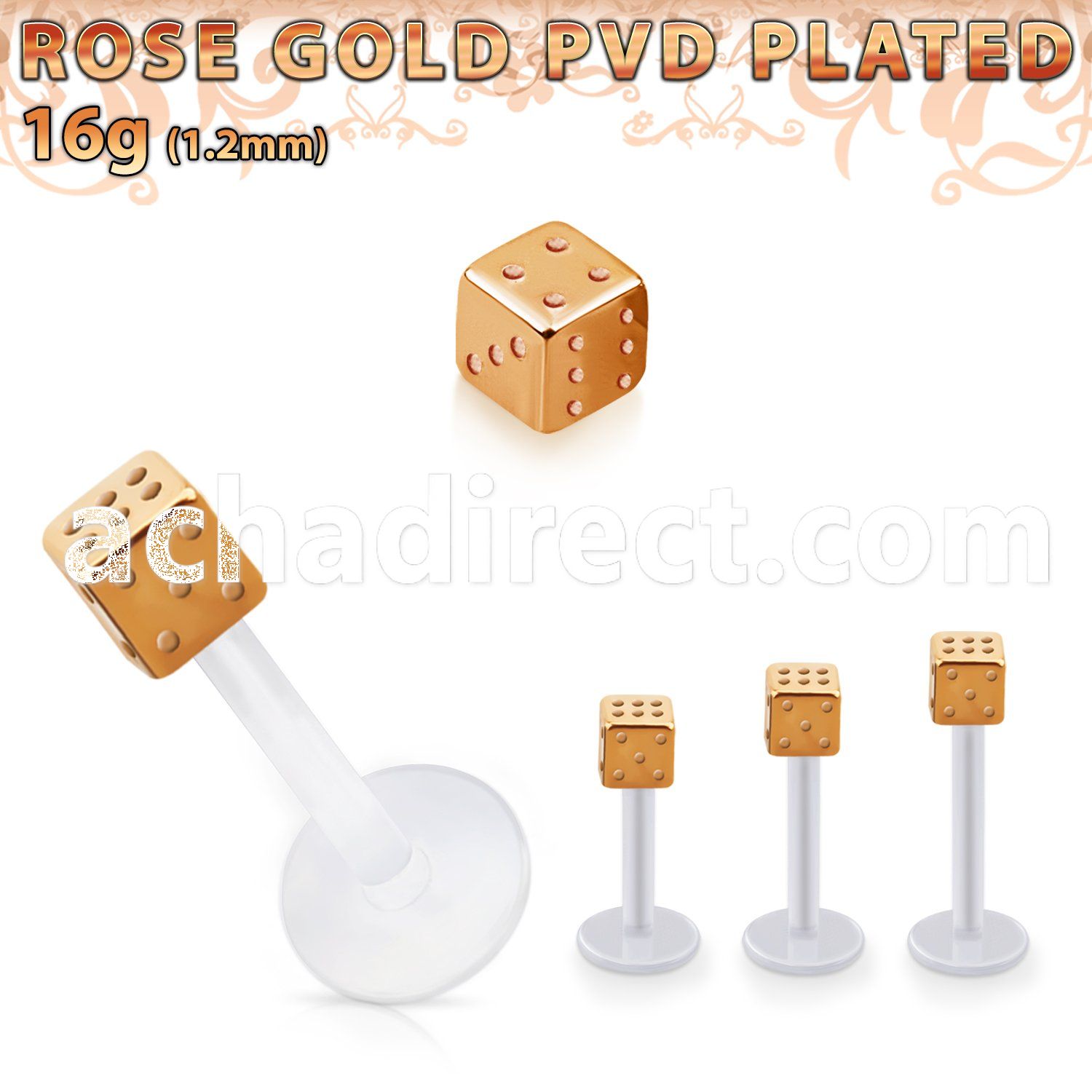 albttd3 bio  flex labret w 3mm rose gold pvd plated steel dice