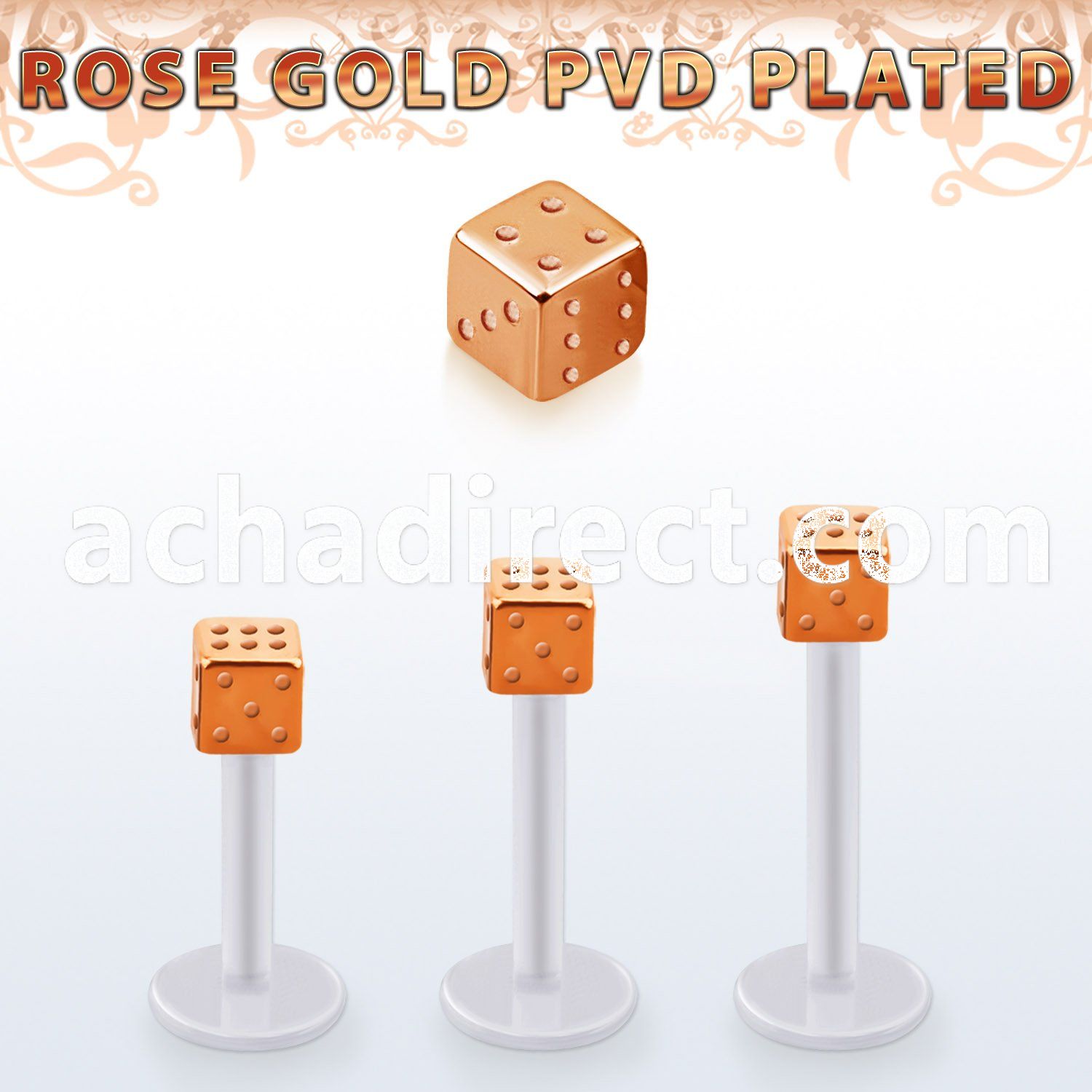 albttd4 bio  flex labret w 4mm rose gold pvd plated steel dice