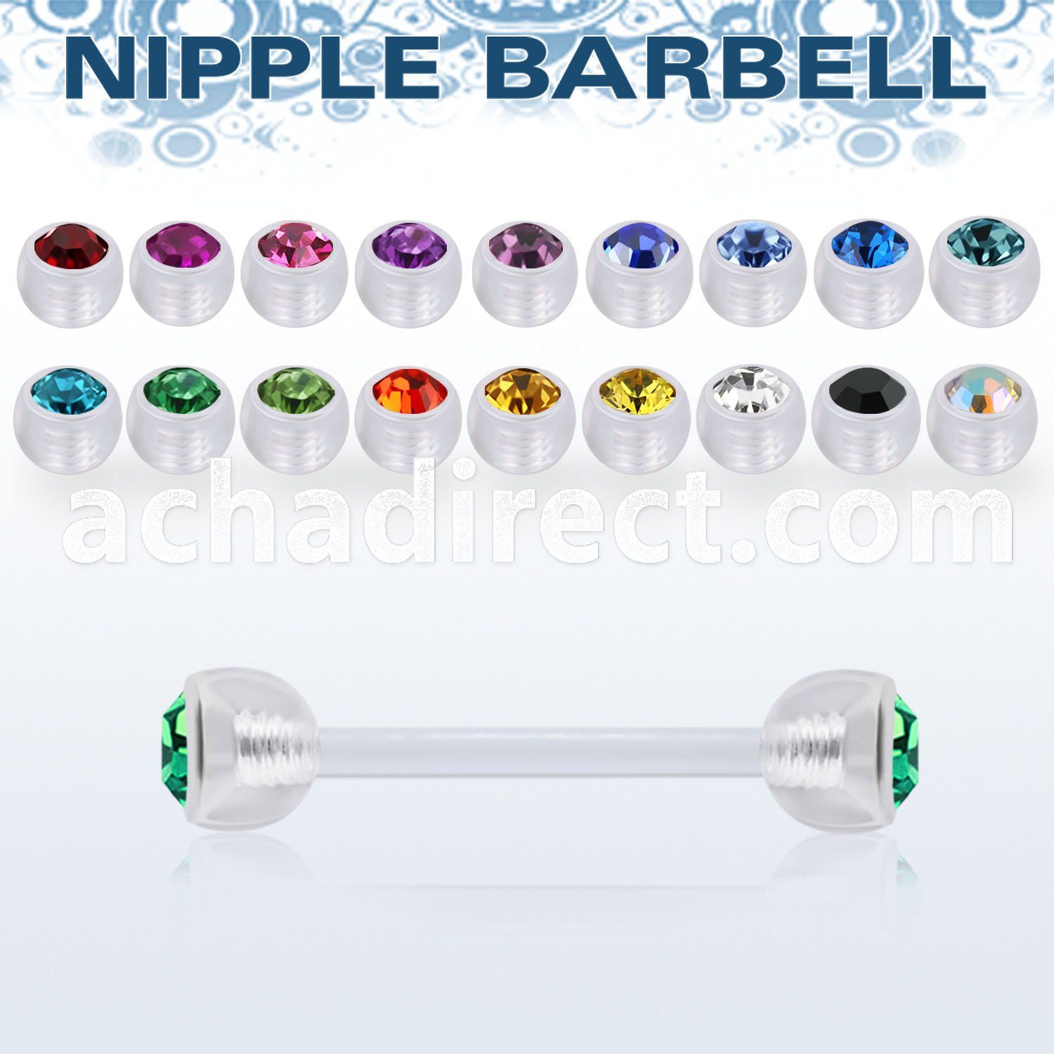 anpajb5 acrylic nipple barbell w 5mm balls w bezel set crystals