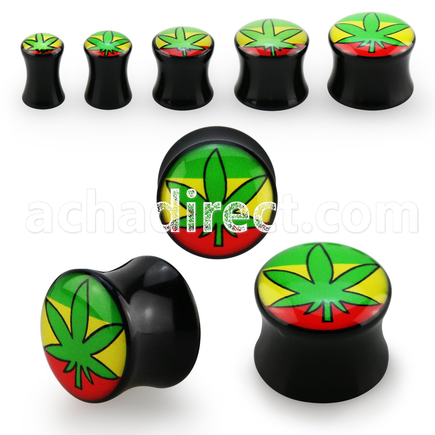 apgh acrylic double flared plug w marijuana logo rasta