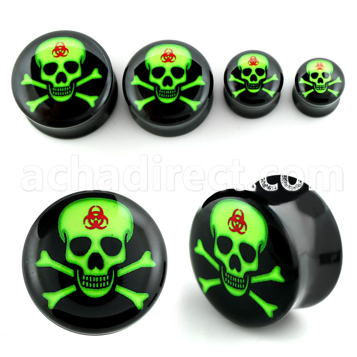 apgxx acrylic double flared plug with toxic green skull logo
