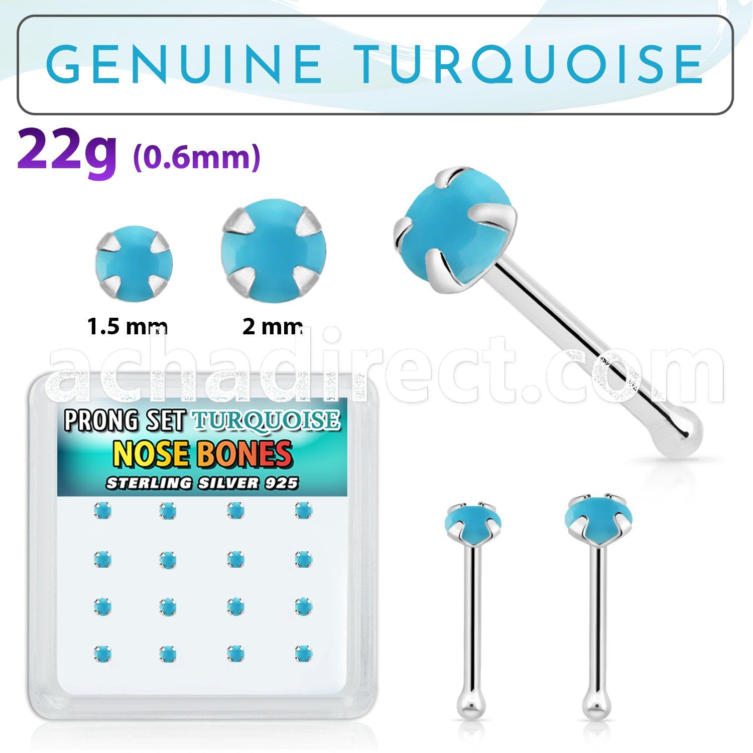 b16pge7 box w 16 silver nose bones w 2mm round turquoise stone
