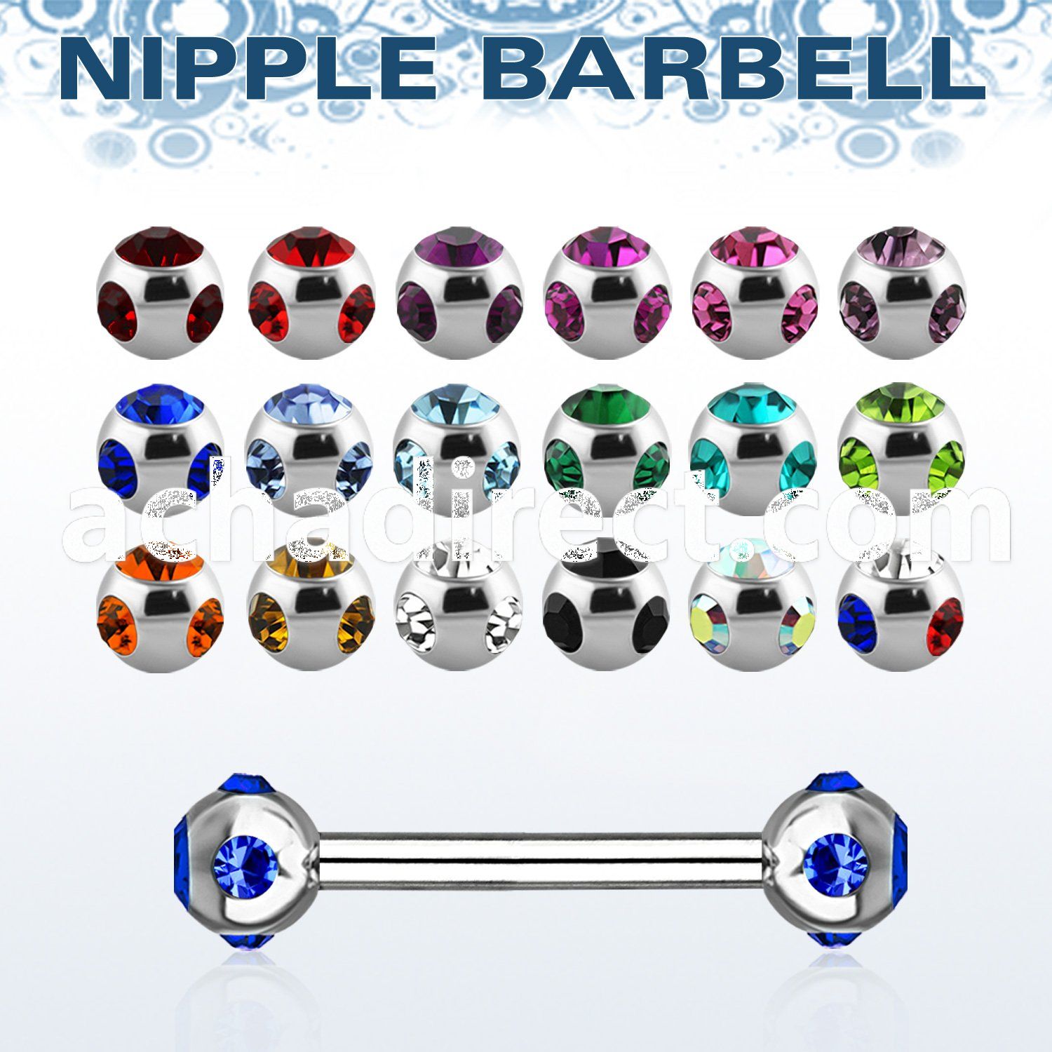 bb2mtc 316l steel nipple barbell with 4mm multi jewel ball