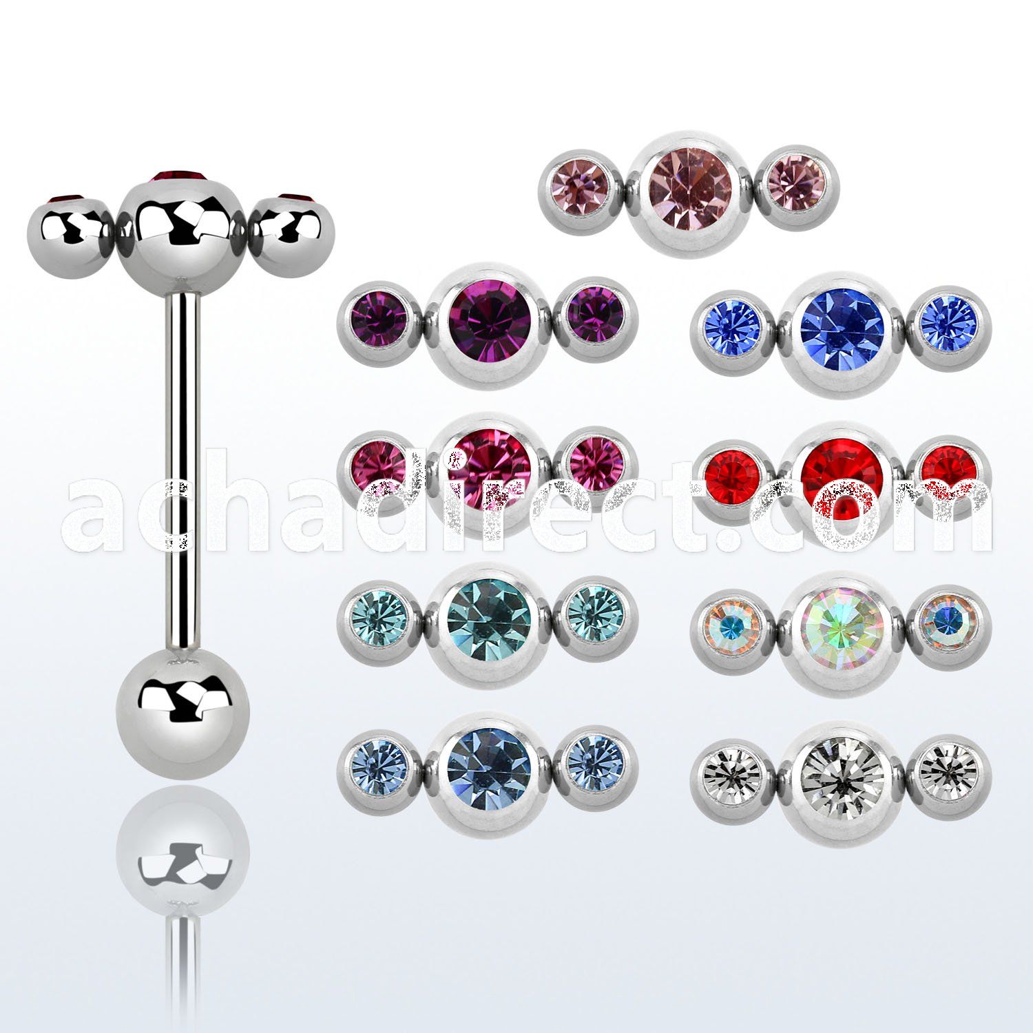 bb3jb 316l steel tongue barbell w 6 4mm tri jewel ball top