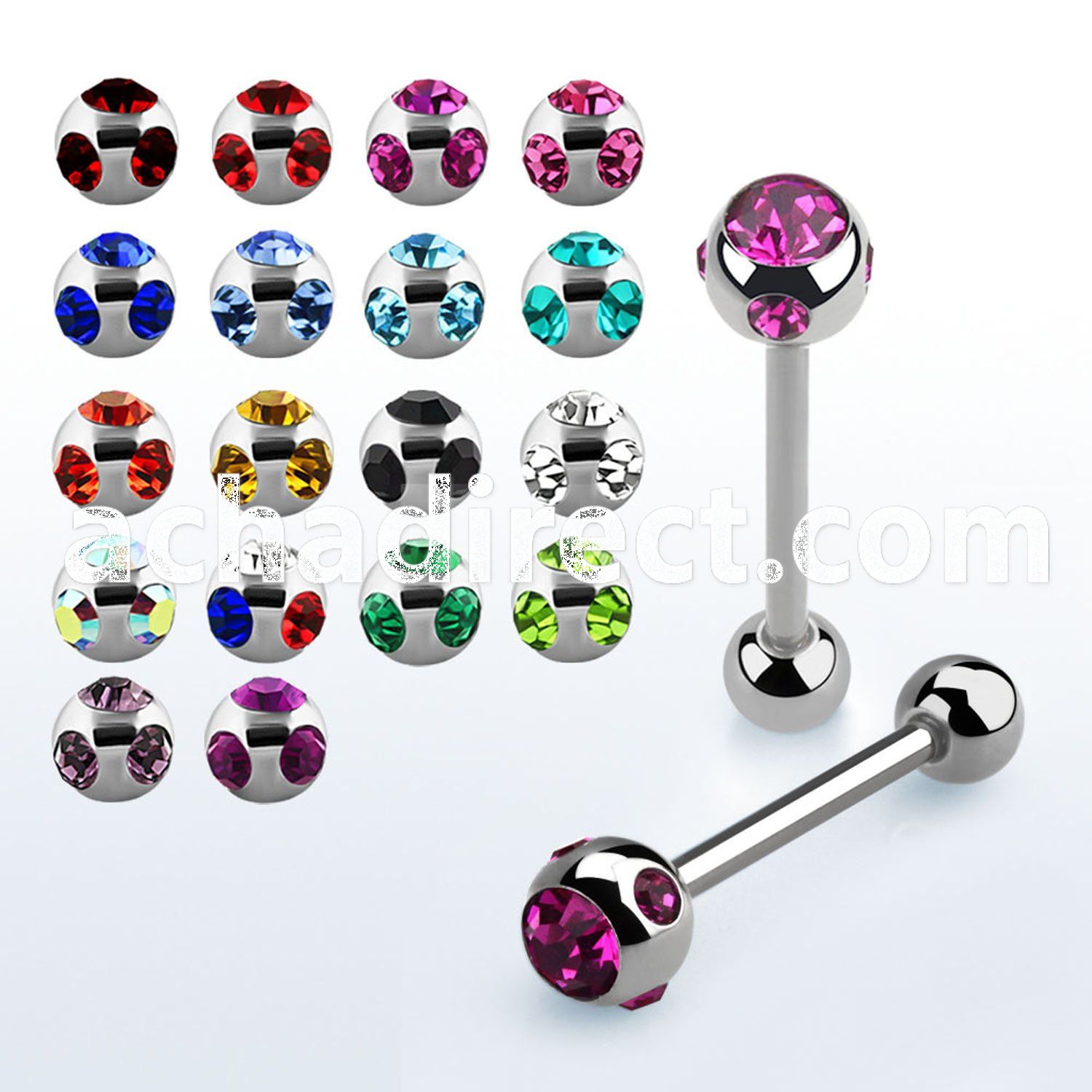 bbc3 316l steel tongue barbell with multi jewel steel ball