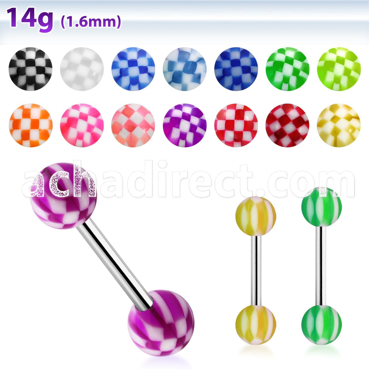 bbchk 316l steel tongue barbell with 6mm acrylic checkered ball