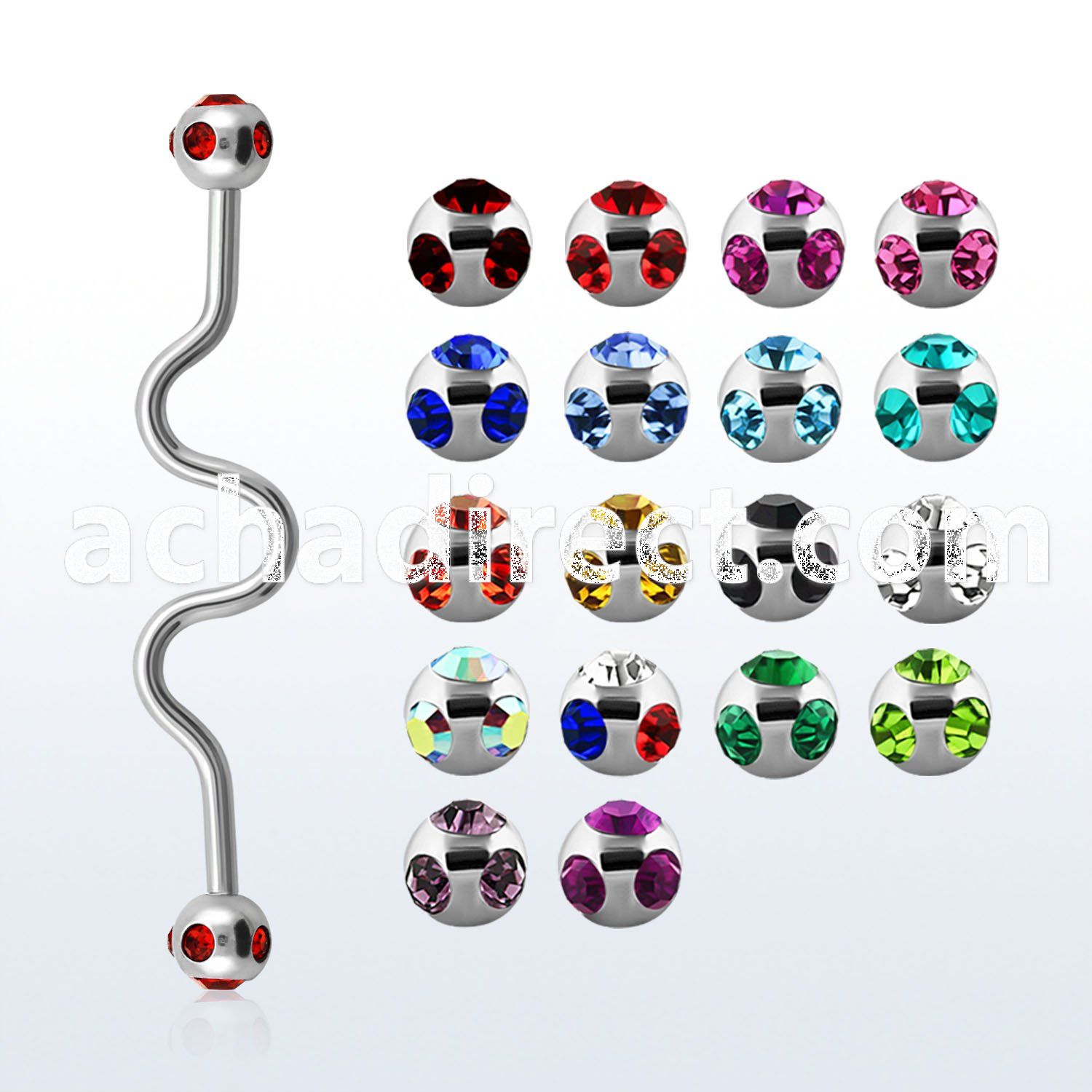 bbcj 316l steel industrial zigzag barbell w multi jewel ball