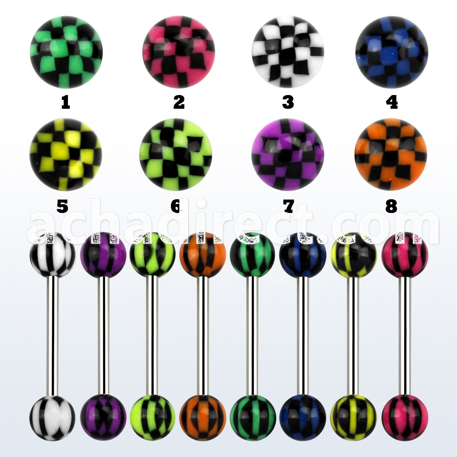 bbdxa 316l steel tongue barbell with 6mm acrylic checkered ball