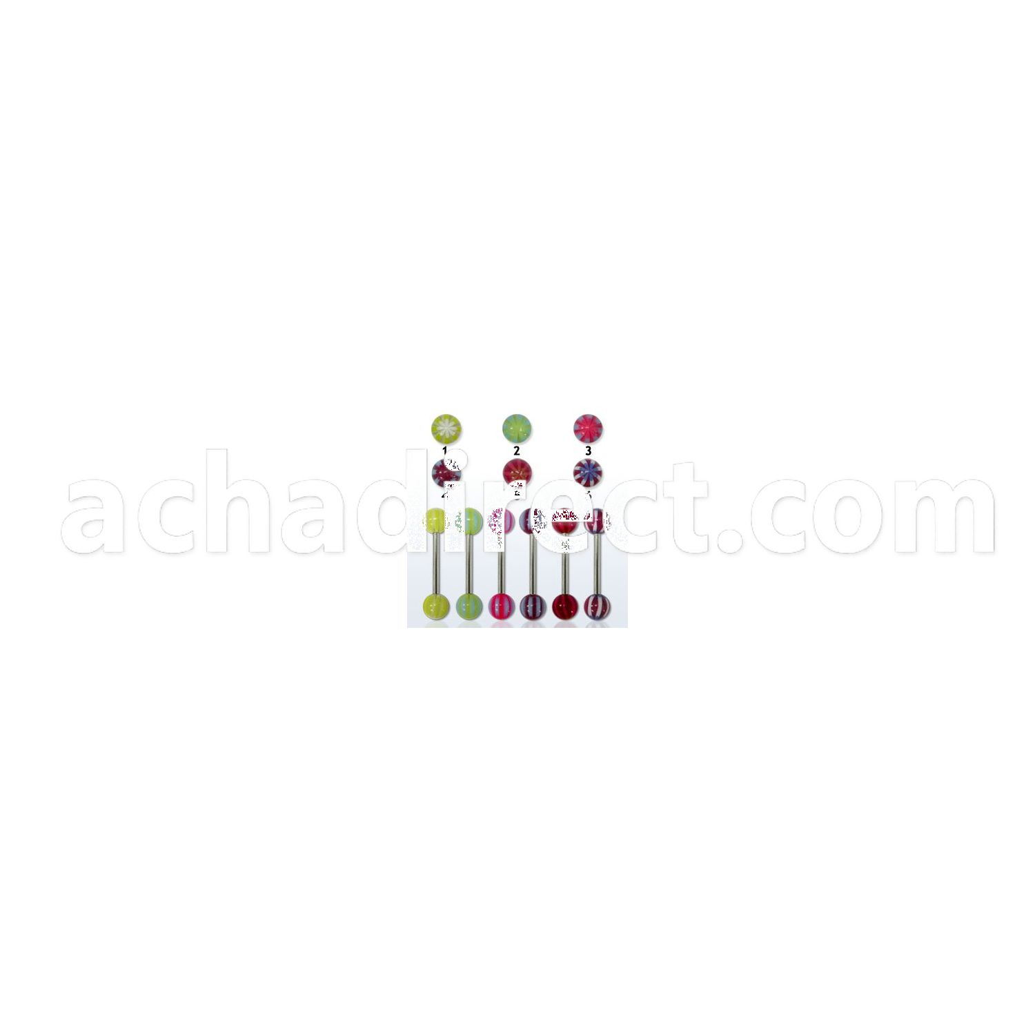 bbdxe steel tongue barbell w two 6mm multi color acrylic balls