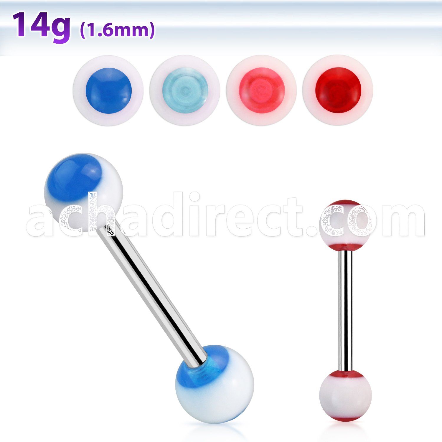 bbdxl 316l steel tongue barbell with acrylic blue dotted ball