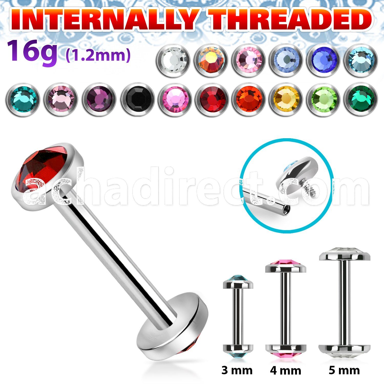 bbe2fbin internally threaded steel barbel w flat back crystal