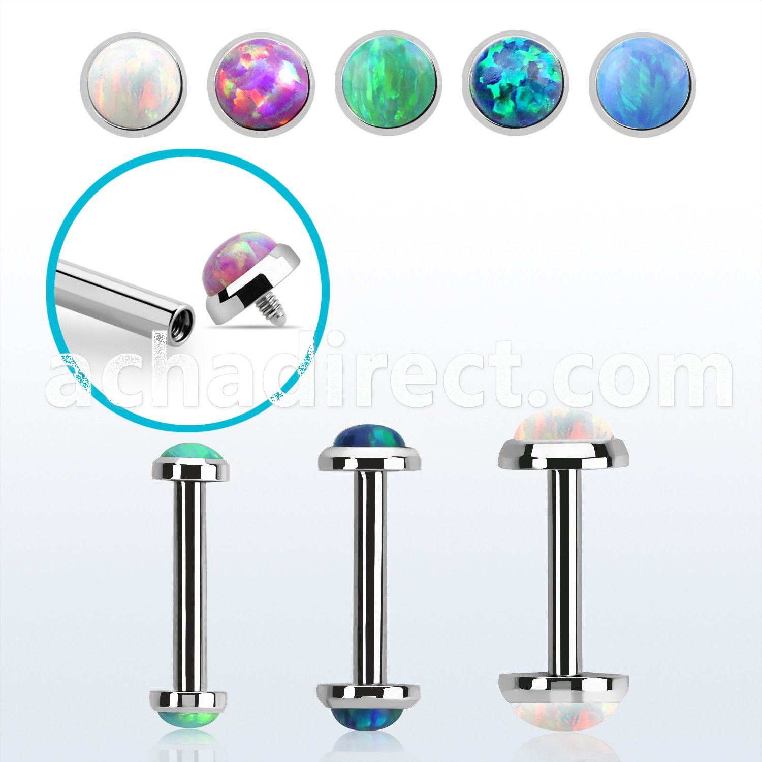 bbe2oin internally threaded steel barbel w synthetic opal tops