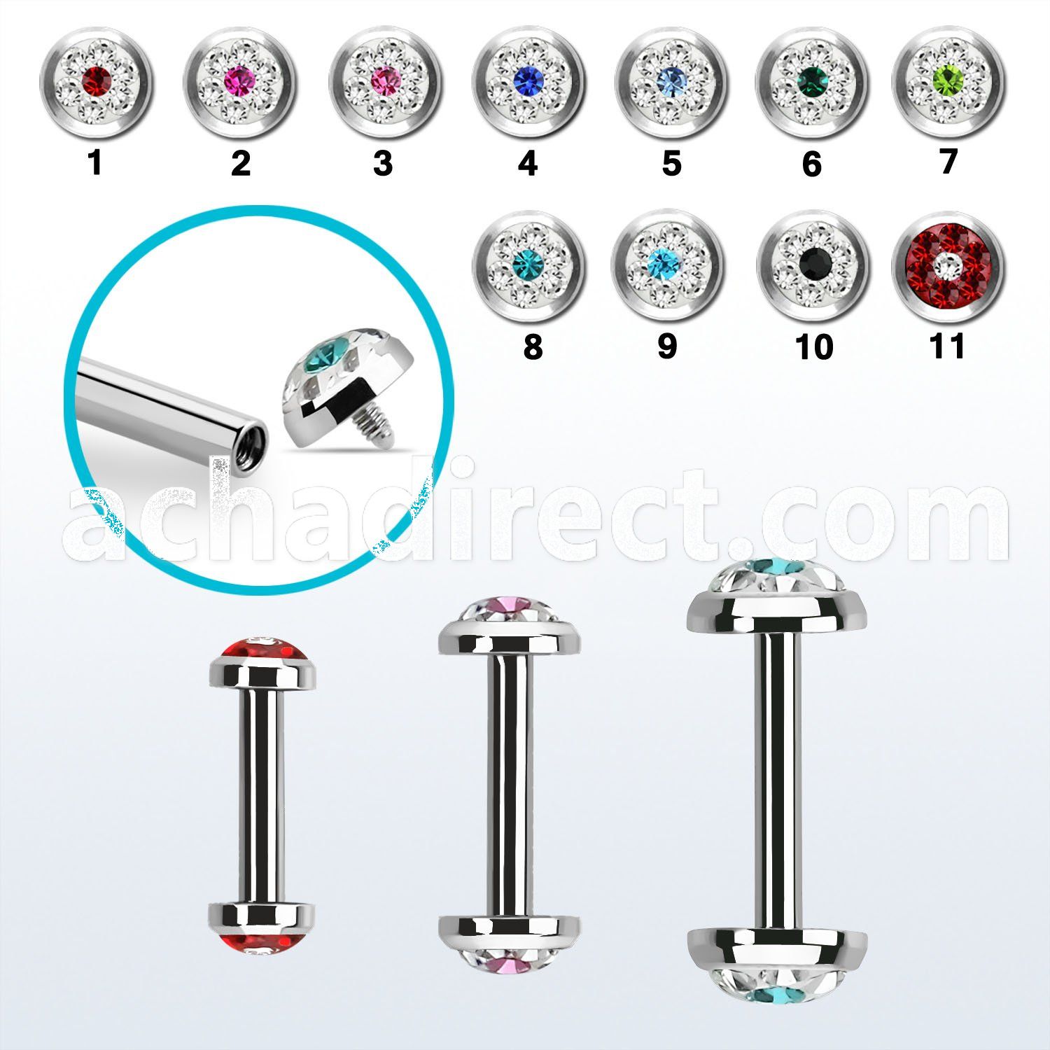 bbefrbin internally threaded steel barbel flat multi crystal dot