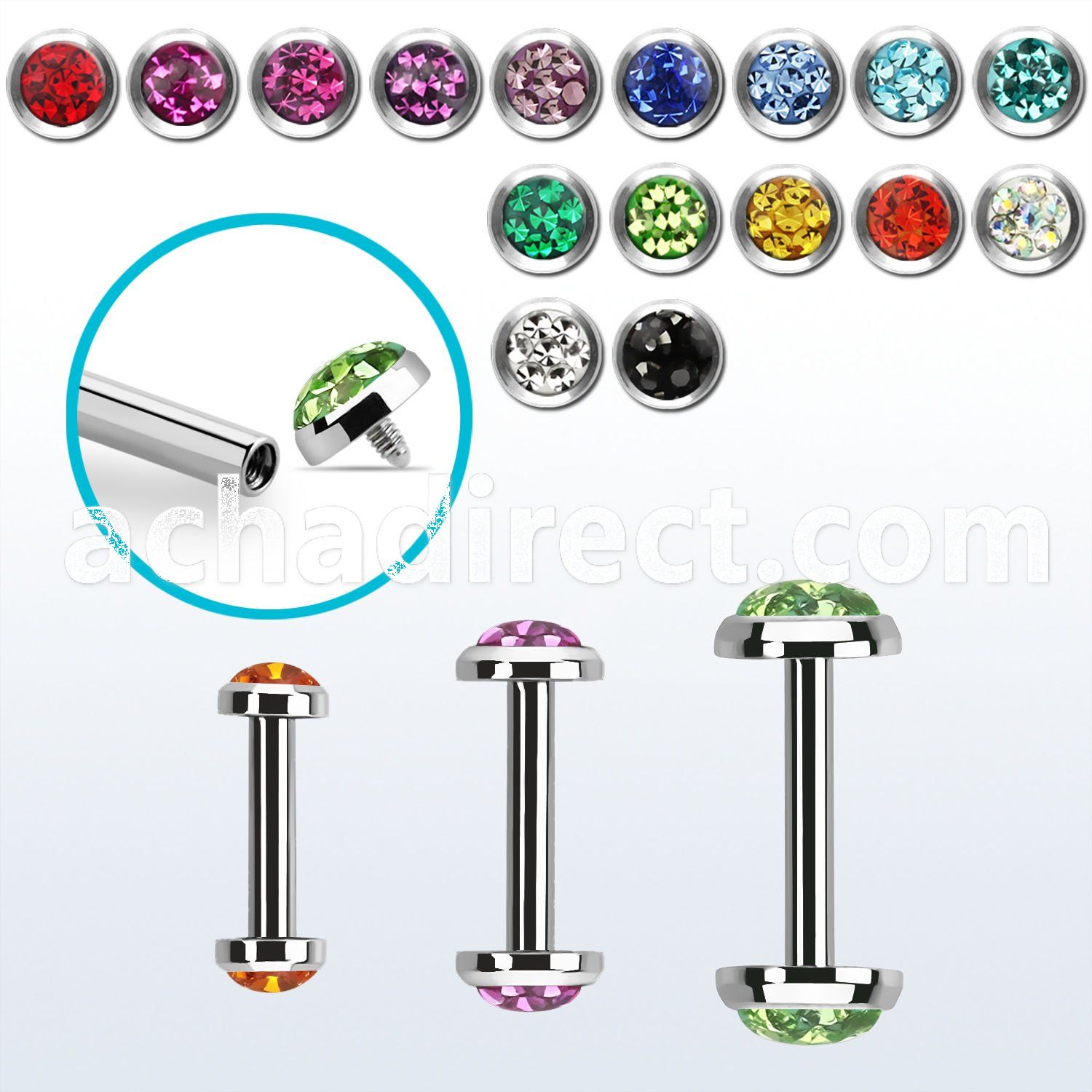 bbefrcin internally threaded steel barbel flat multi crystal top