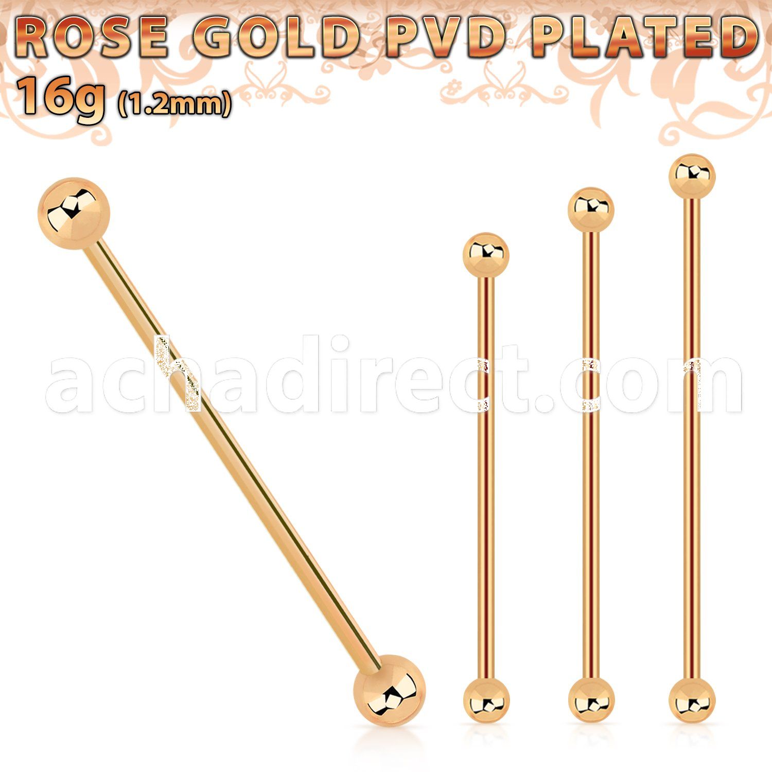 bbeittb rose gold steel industrial barbell w 2 4mm balls