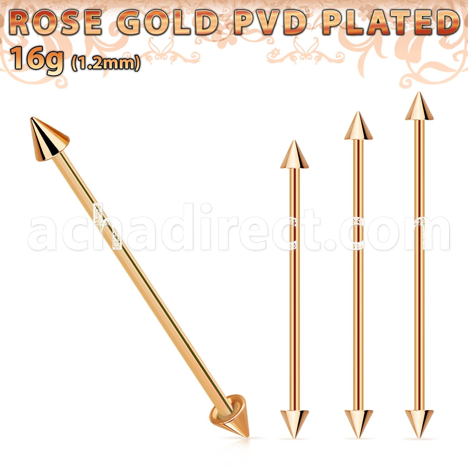 bbeittcn rose gold steel industrial barbell w 2 4mm cones