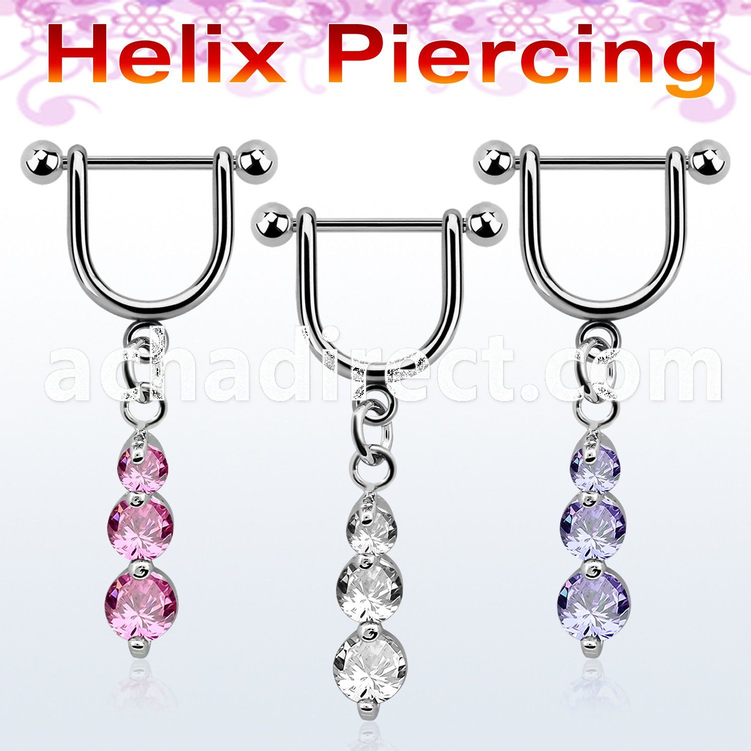 bber13 316l steel helix barbell with dangling 3 prong cz