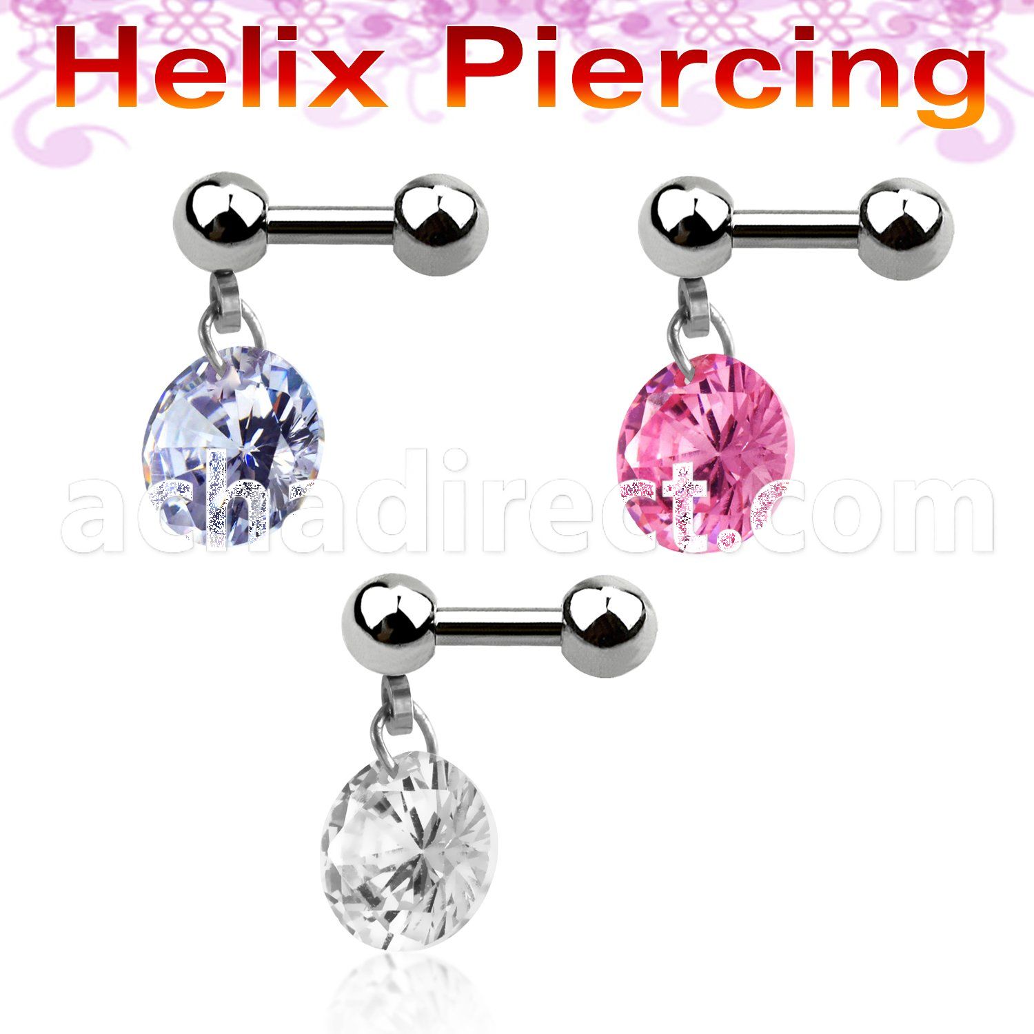 bber15 316l steel helix barbell with dangling round prong cz