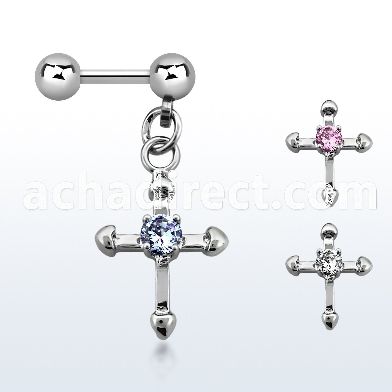 bber19 316l steel helix barbell with small cross w prong cz