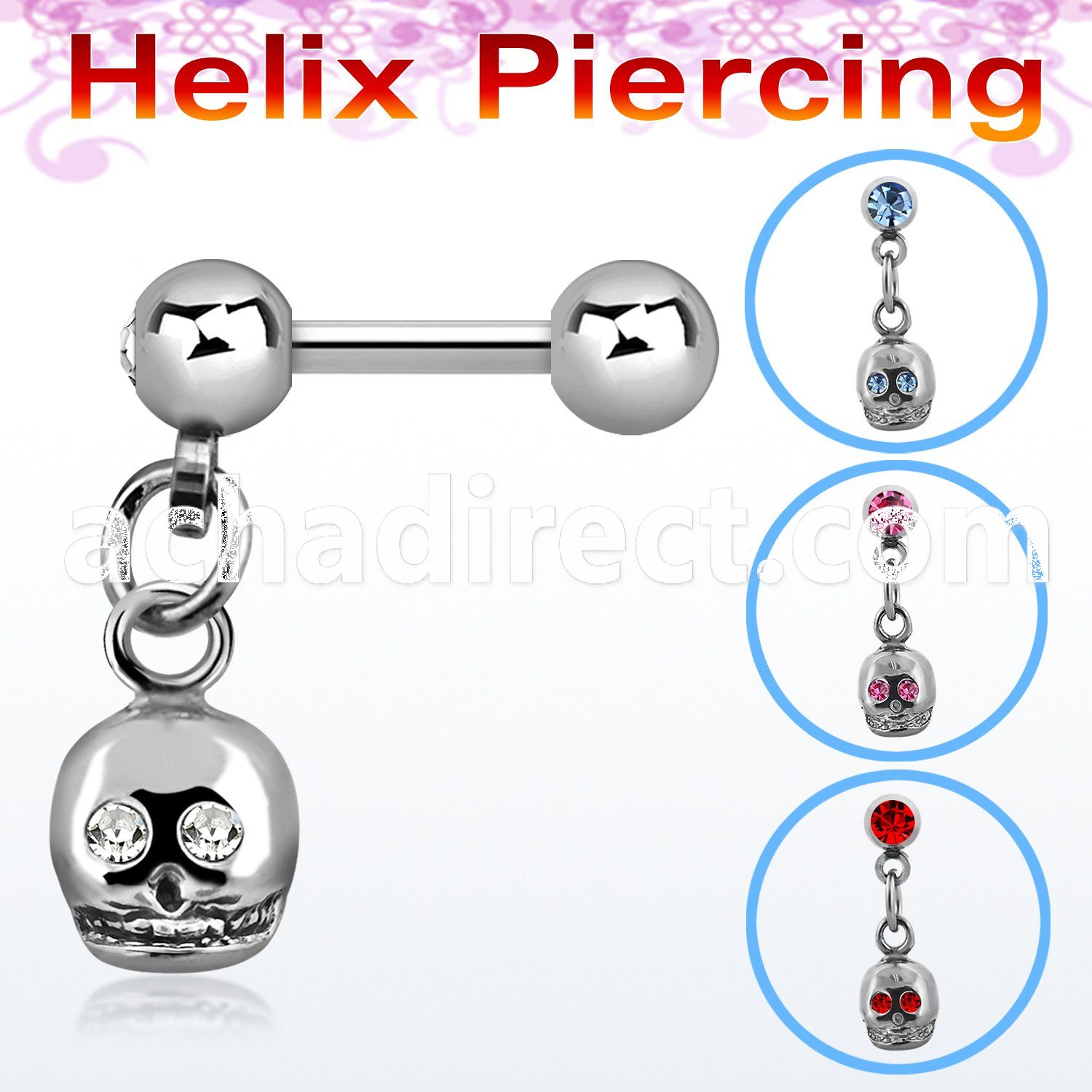 bber2 316l steel helix barbell with 4mm ball crystalic skull