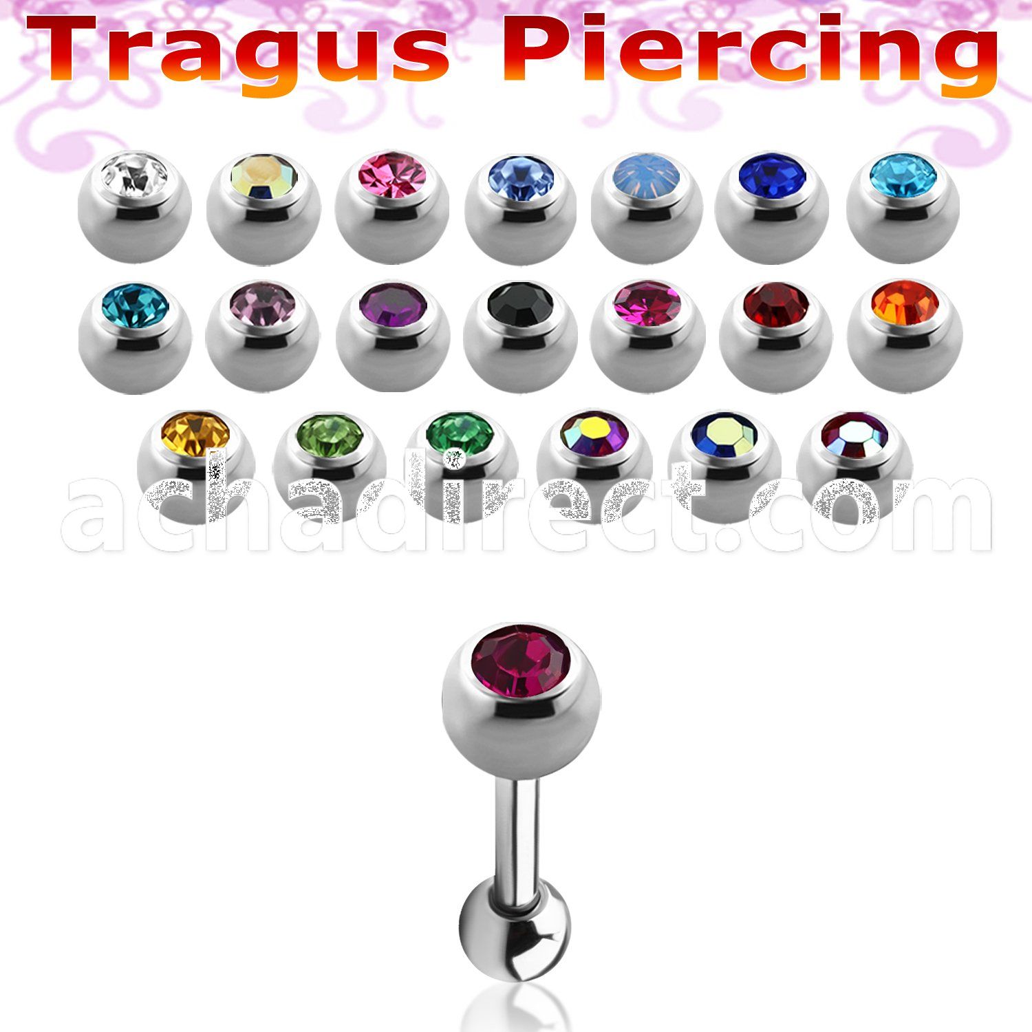 bber35 316l steel tragus barbell w bezel jewel steel ball