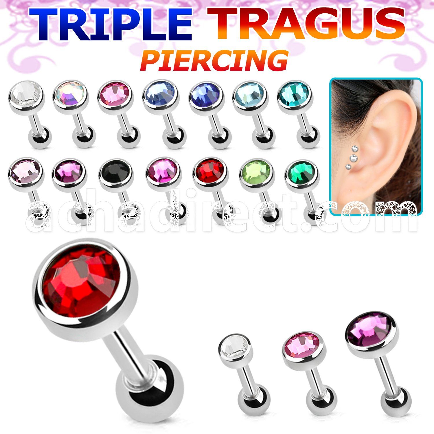 bber62 316l steel tragus piercing w 3  5mm crystal top