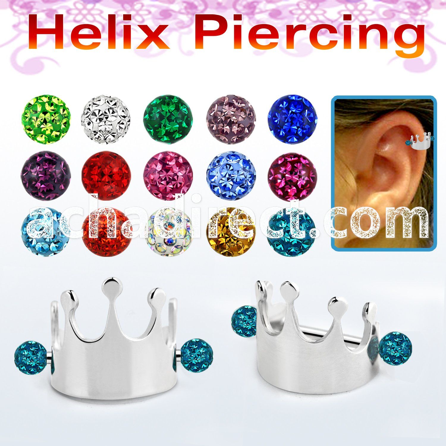 bber69 steel cartilage piercing crown w 2 multi crystal balls