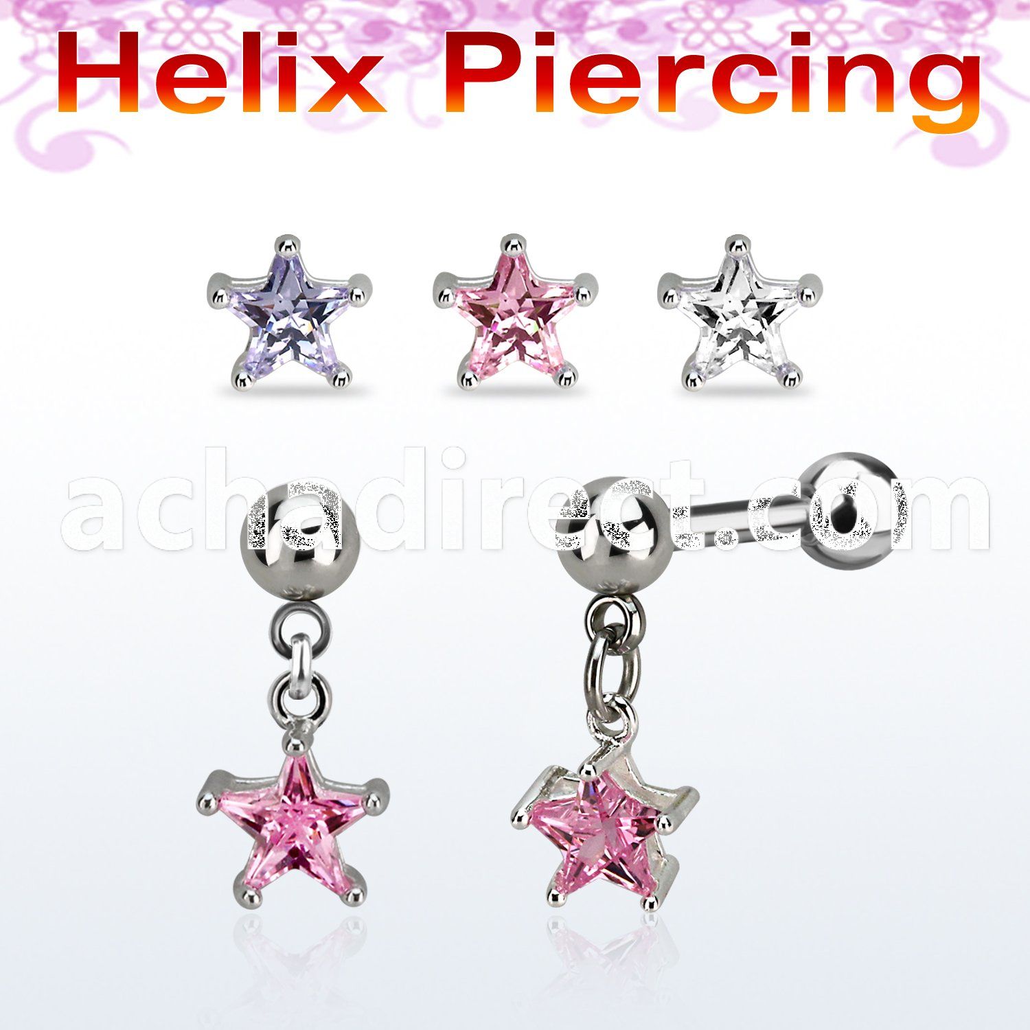 bber72b steel helix barbell w dangling prong set star cz stone 