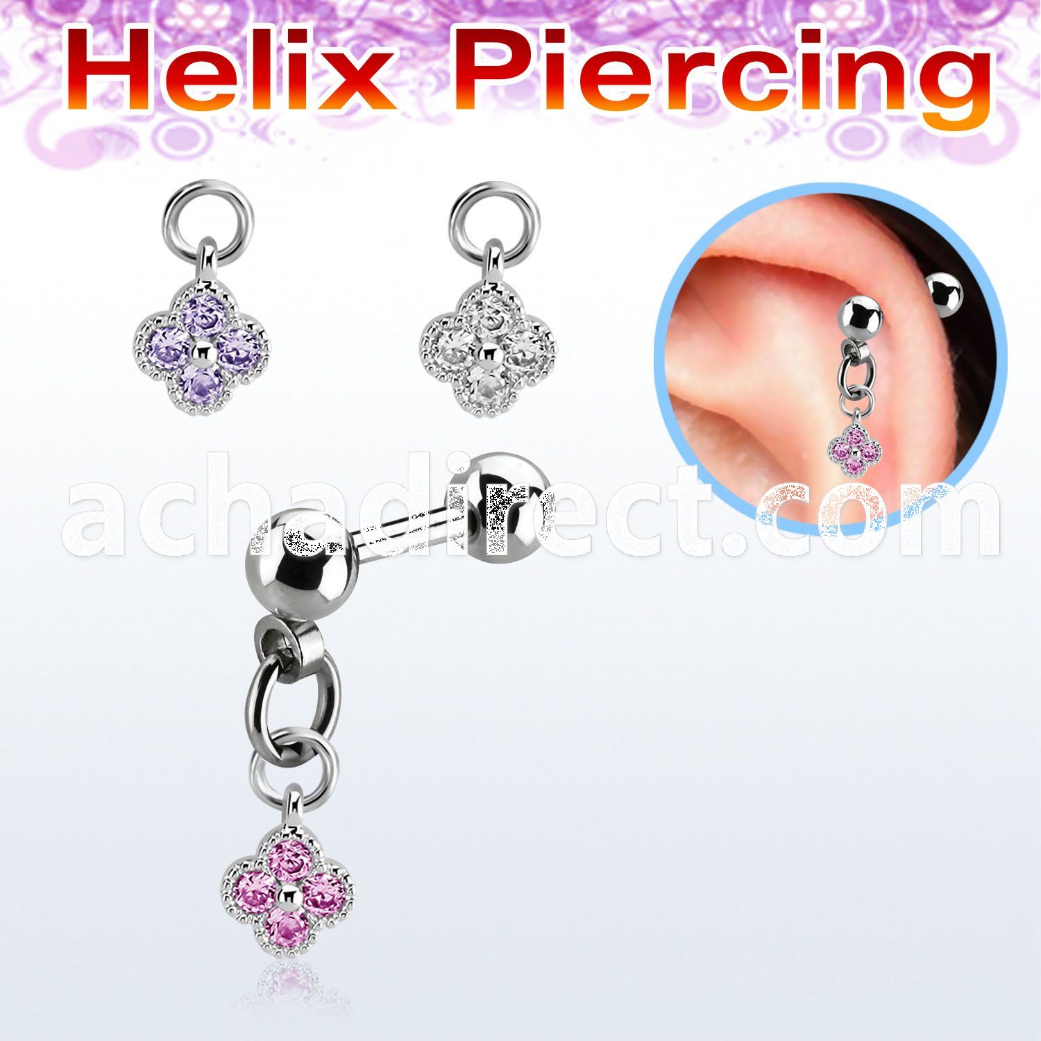 bber76 steel helix barbell w dangling flower w prong set czs 