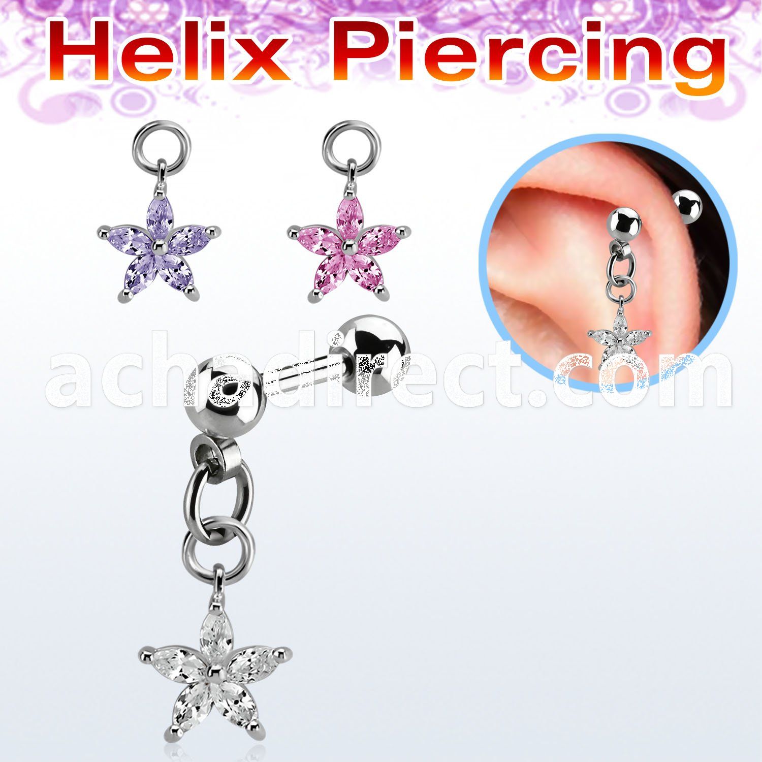 bber77 steel helix barbell w dangling flower w cz petals 