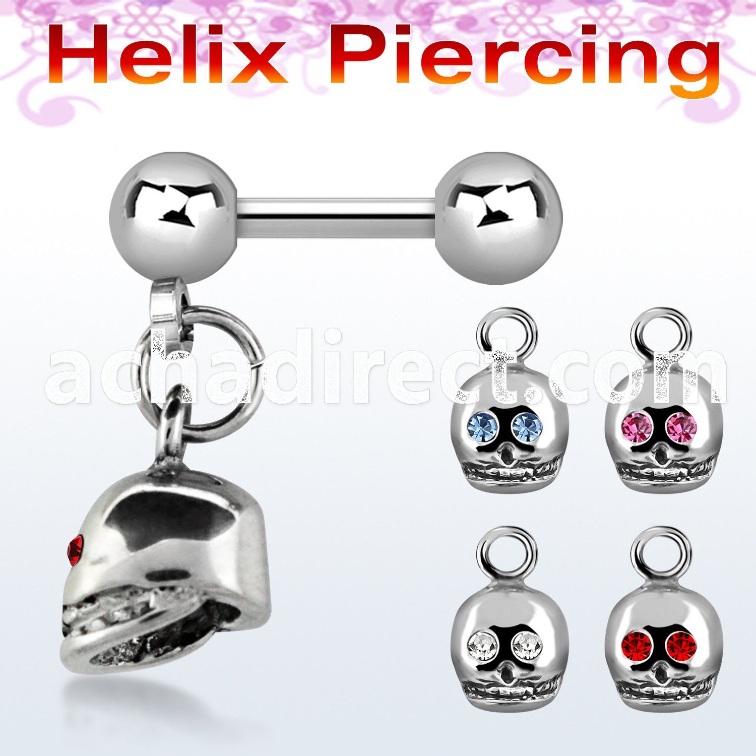 bber7 316l steel helix barbell with 4mm ball crystalic skull