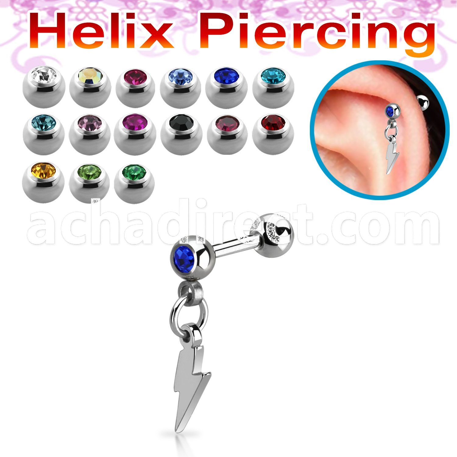 bber80 316l steel helix barbell w jewel ball lightning symbol