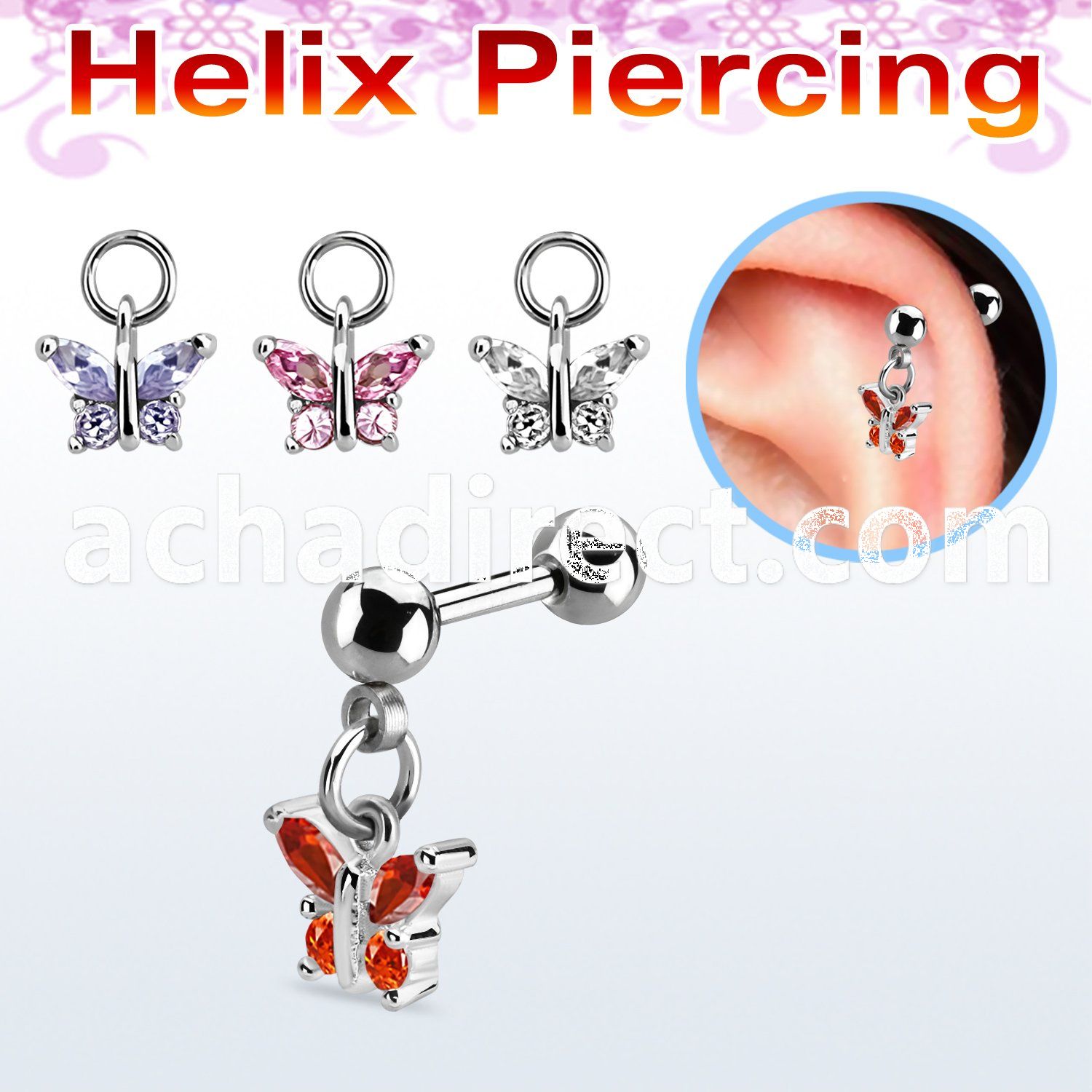 bber81 316l steel helix barbell w 4mm ball dangling butterfly