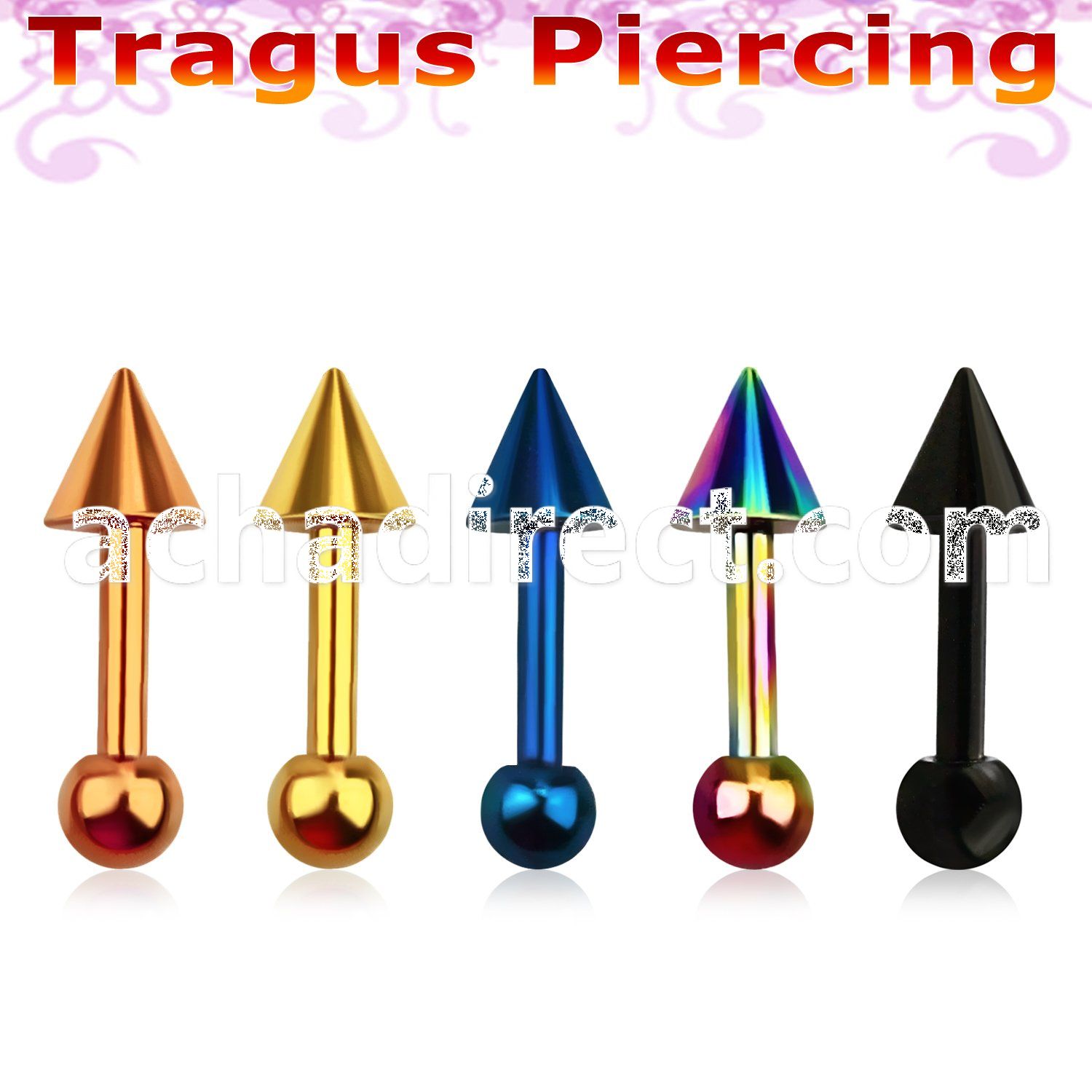 bbert36 anodized 316l steel tragus barbell w top cone ball