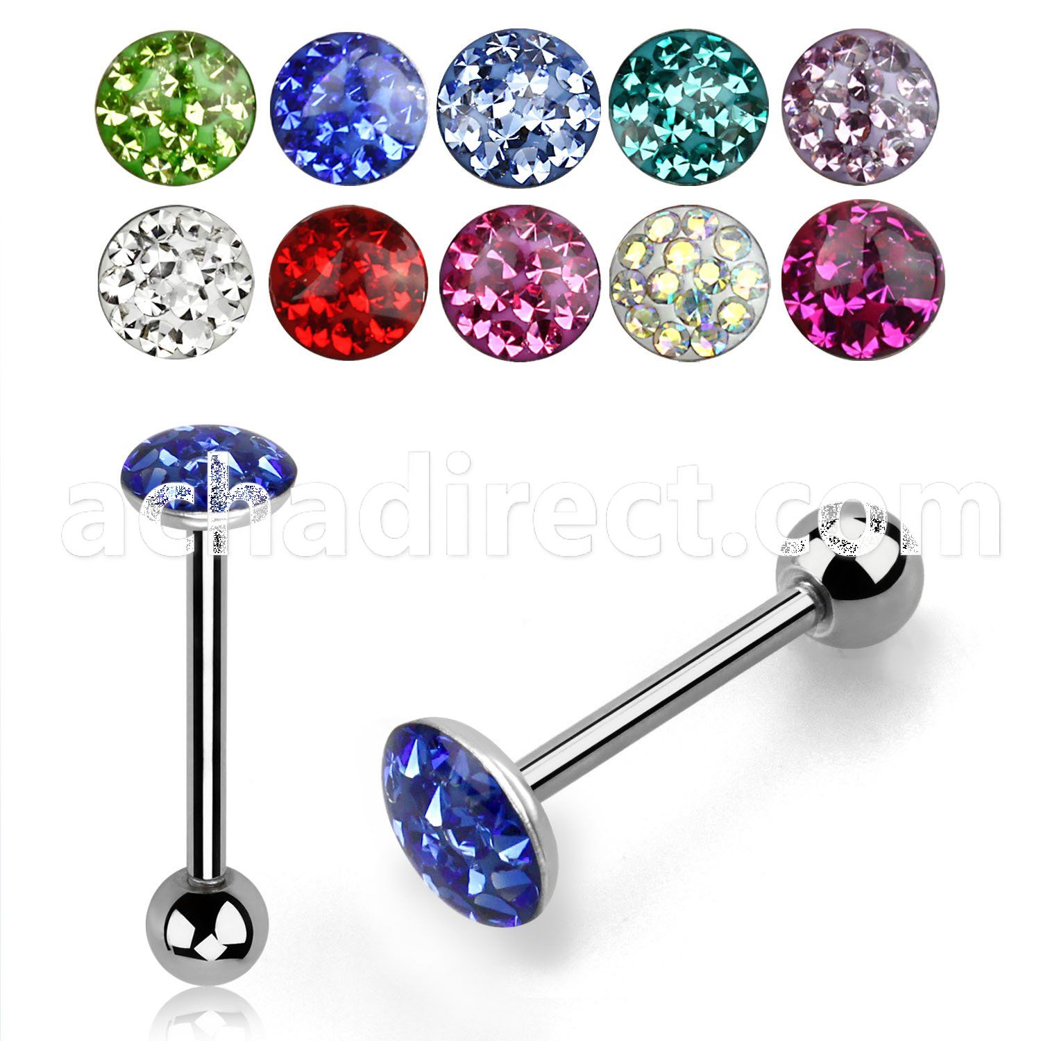 bbfc2x 316l steel tongue barbell with 6 2mm ferido crystal top