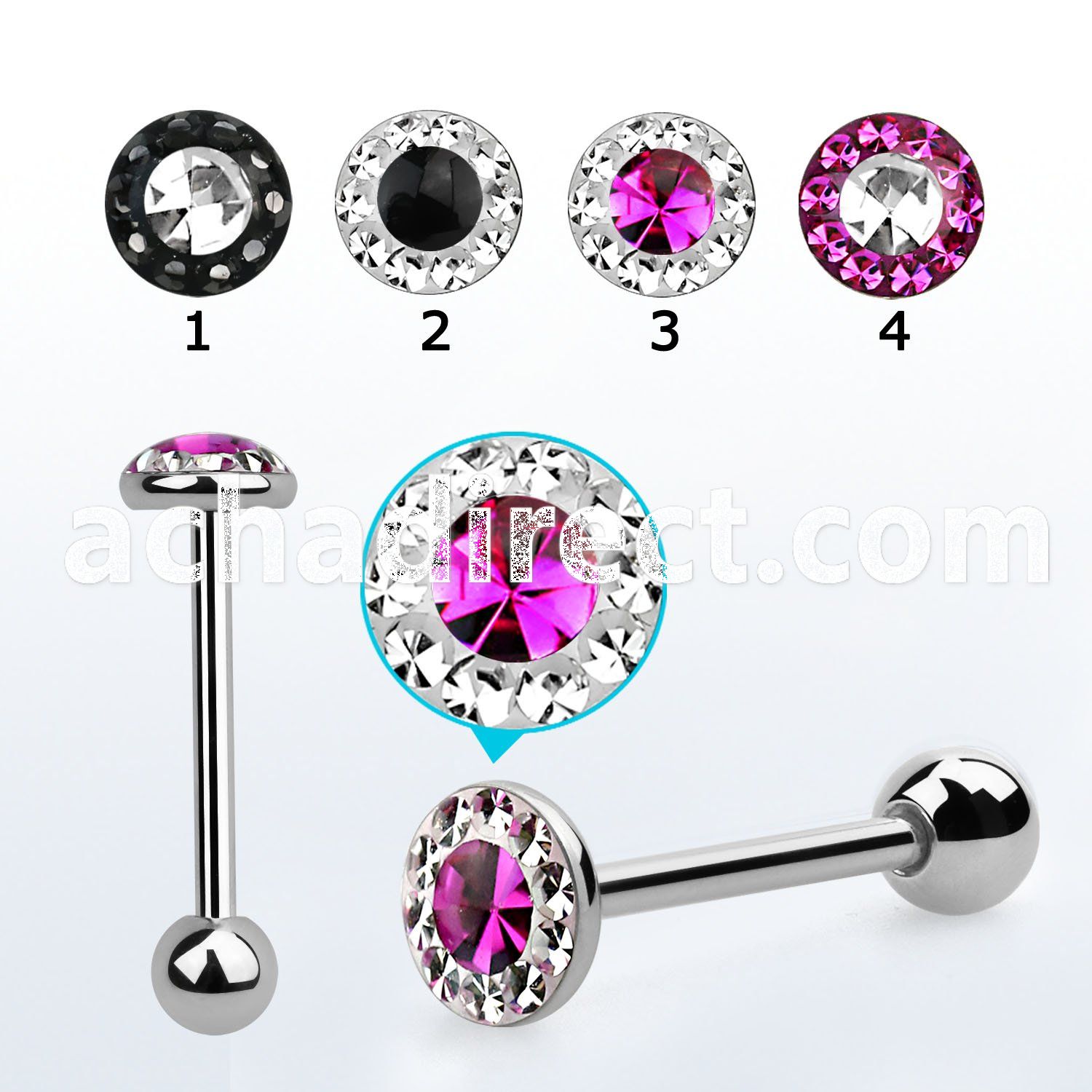 bbfc8xb 316l steel tongue barbell w 2 color ferido crystal top