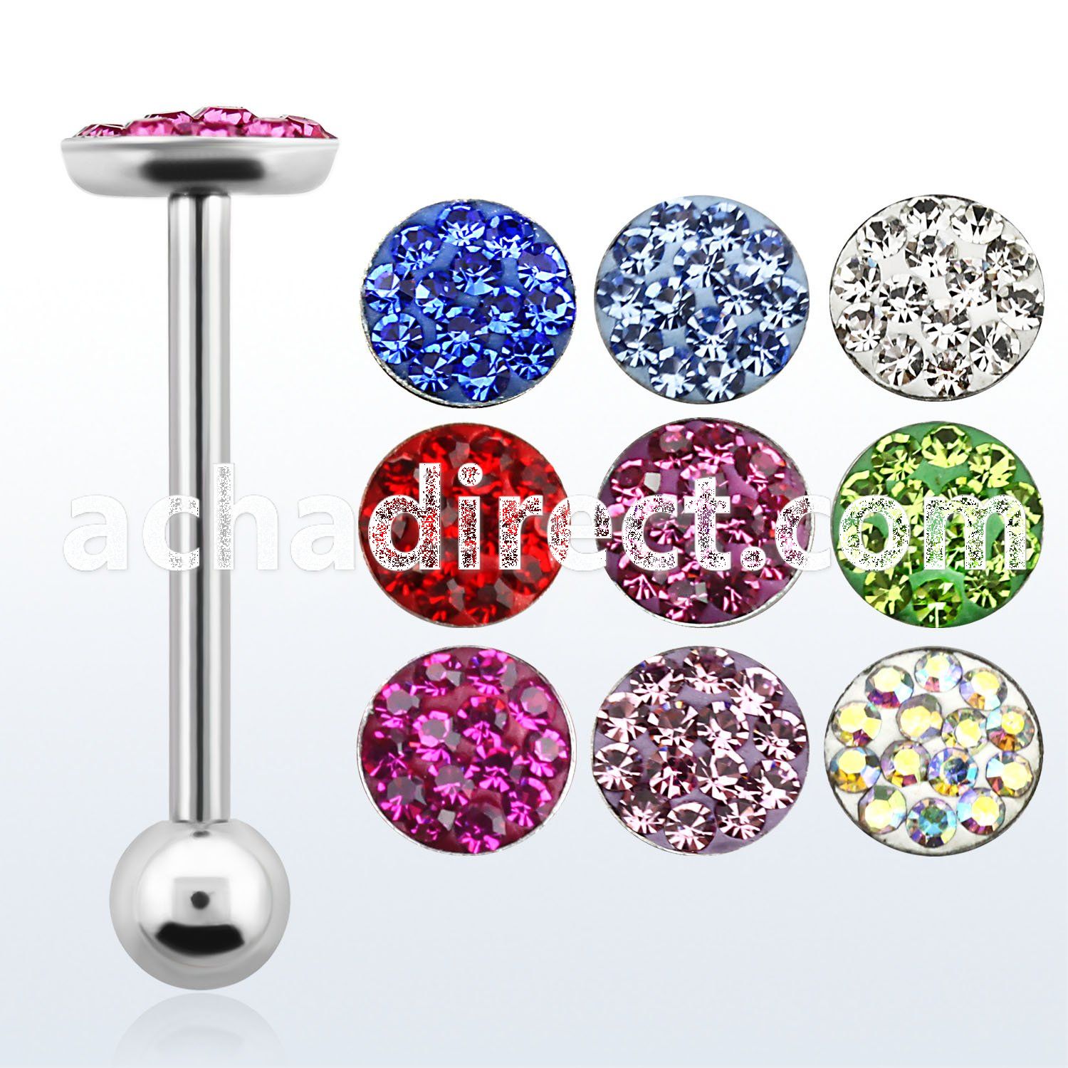 bbfcs2 316l steel tongue barbell with ferido glued crystal top