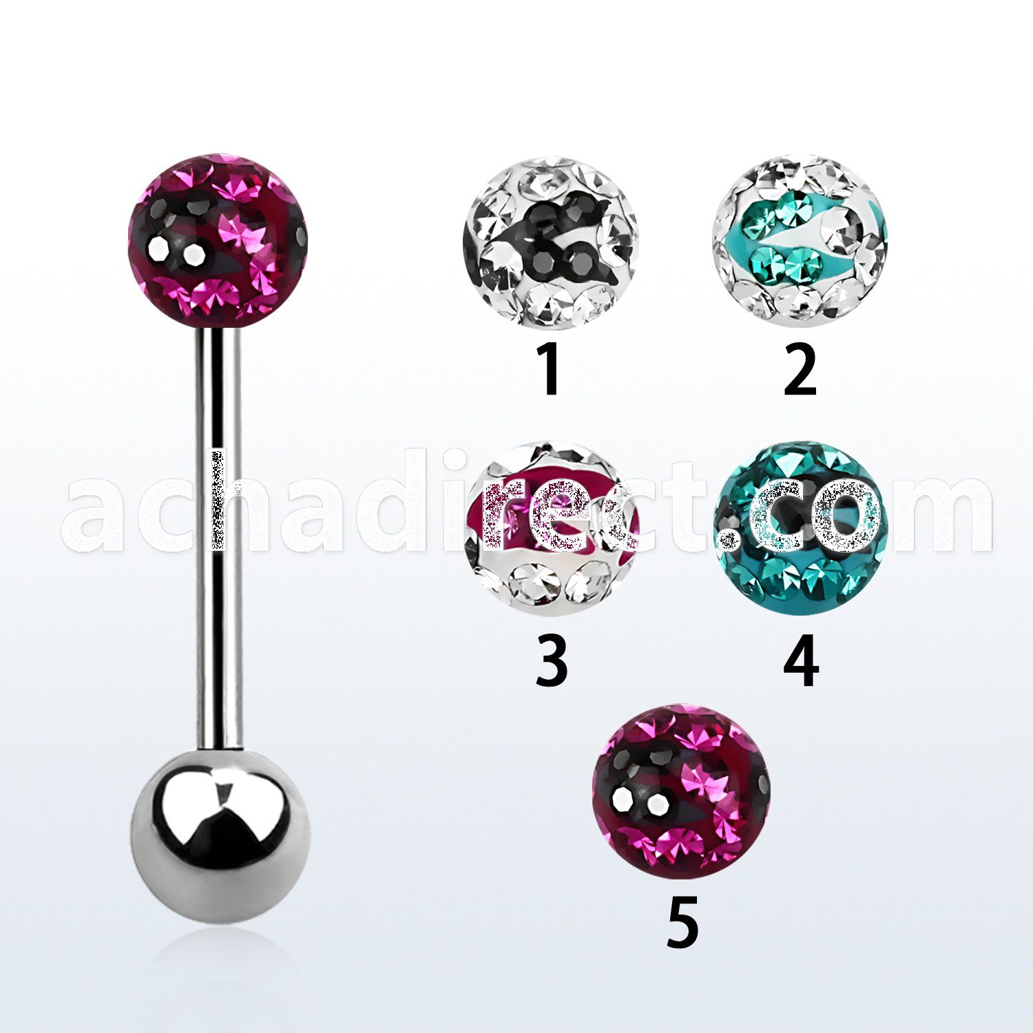 bbfr5c 316l steel tongue barbell w 5mm multi crystal zebra ball