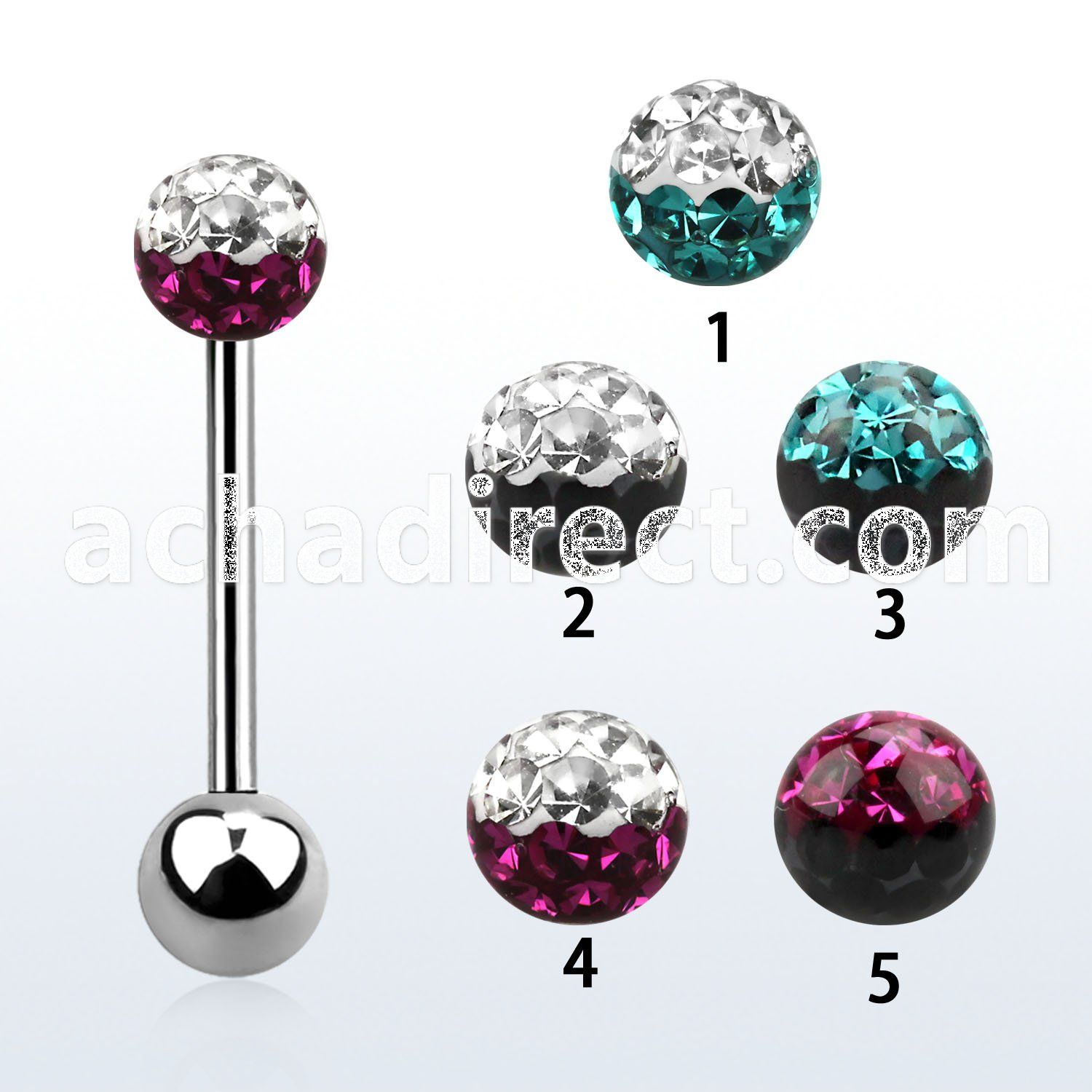 bbfr5e 316l steel tongue barbell with a 5mm crystal and ball