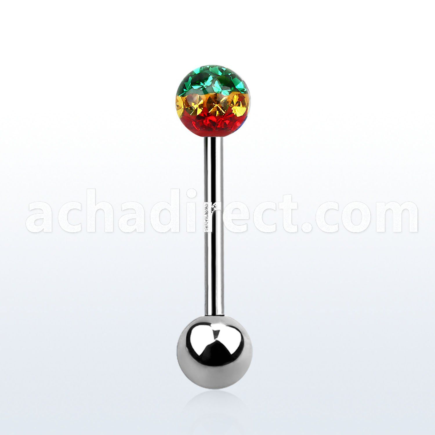 bbfr5r 316l steel tongue barbell with 5mm rasta color crystal
