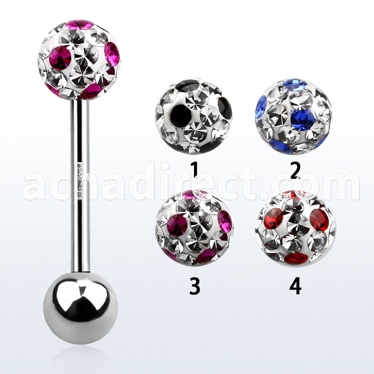 bbfr6a 316l steel tongue barbell with 6mm dotted crystal