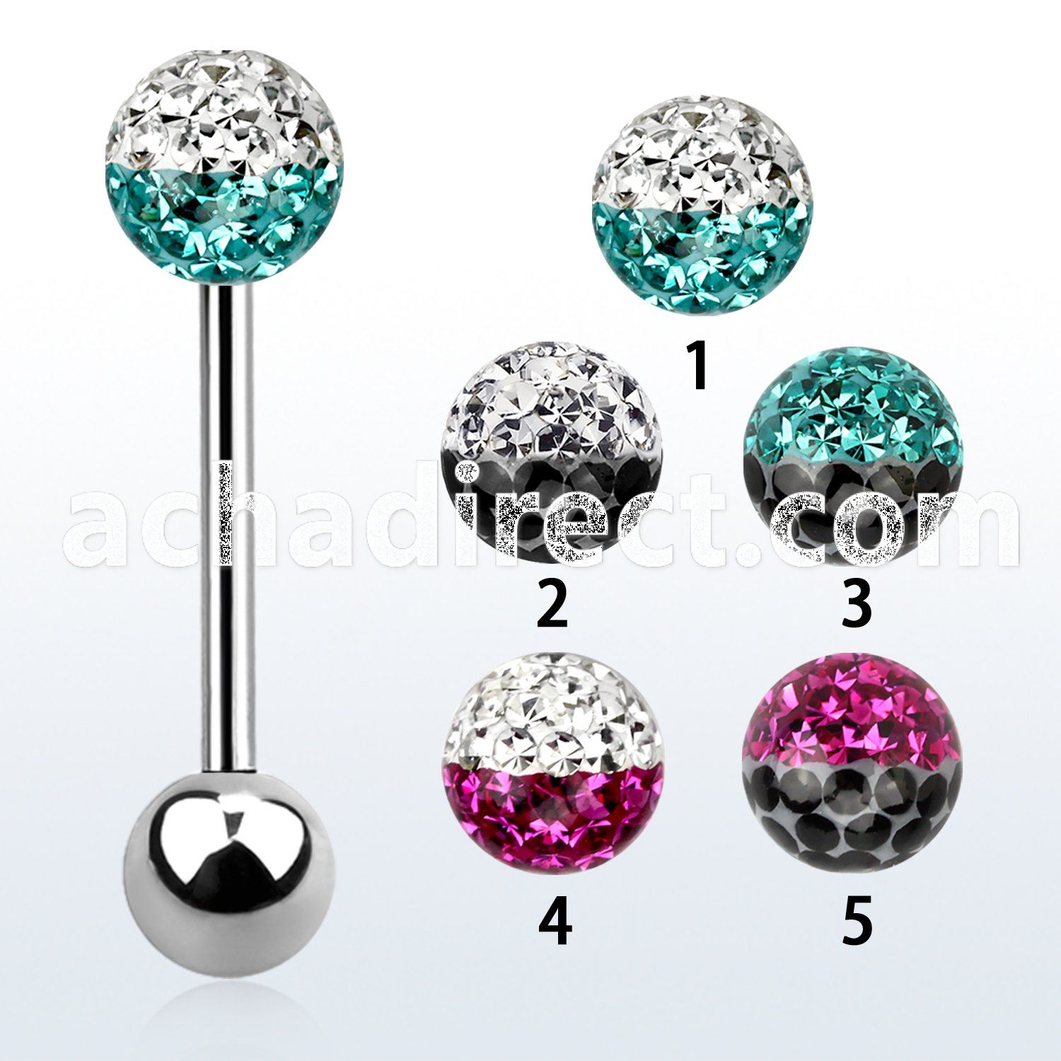 bbfr6e 316l steel tongue barbell with ferido crystal in 2 color