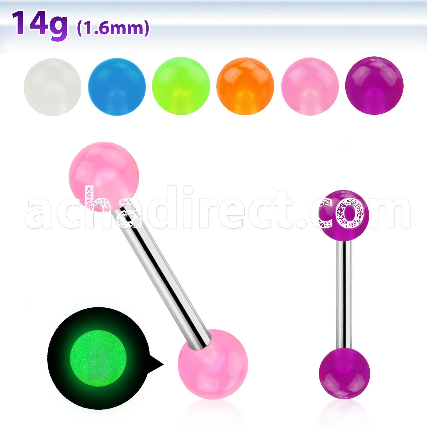 bbgl5 316l steel tongue barbell with a 5mm luminous ball