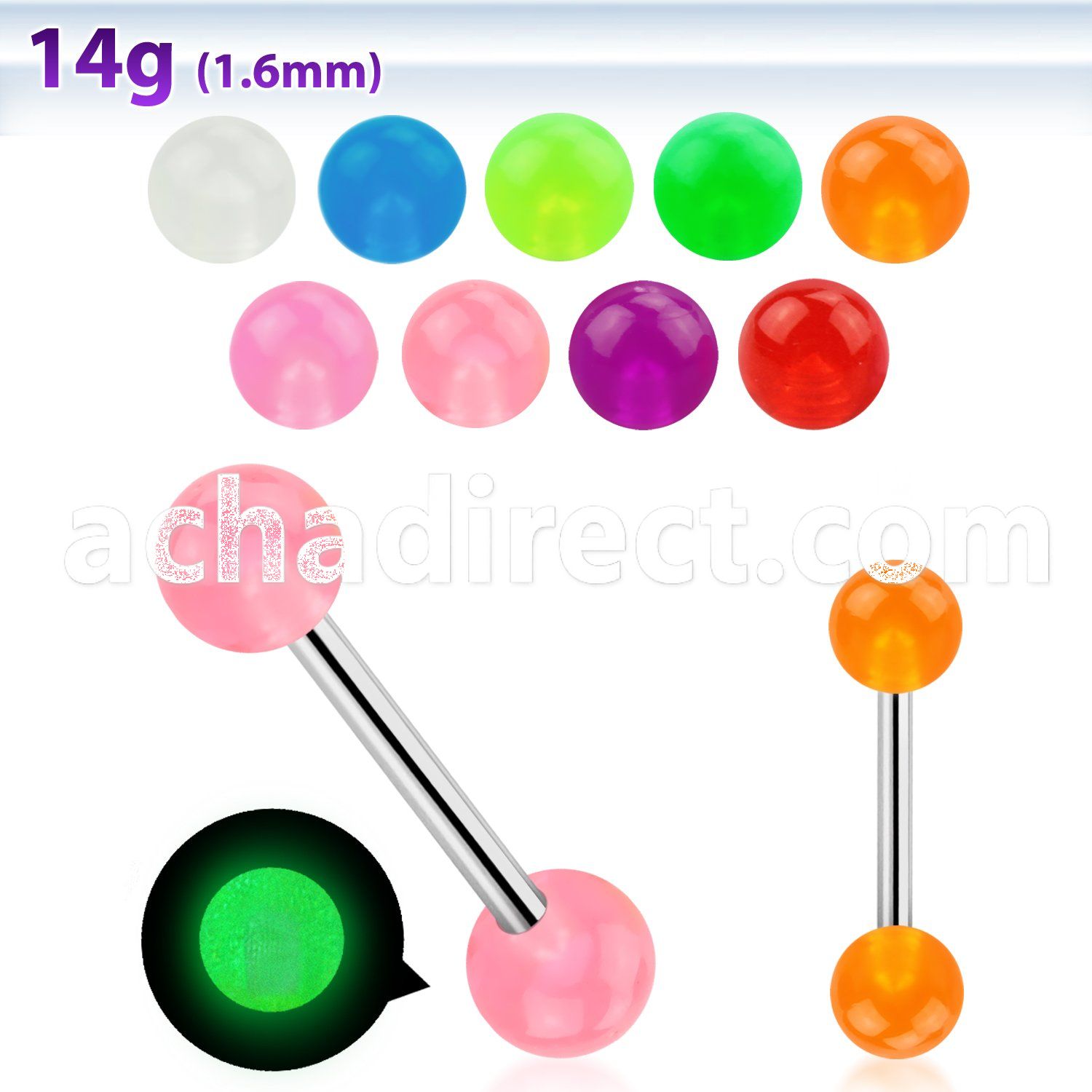 bbgl 316l steel tongue barbell with 6mm luminous ball