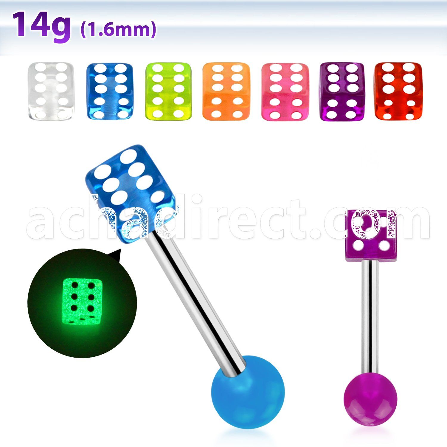 bbgldi 316l steel tongue barbell with acrylic luminous dice