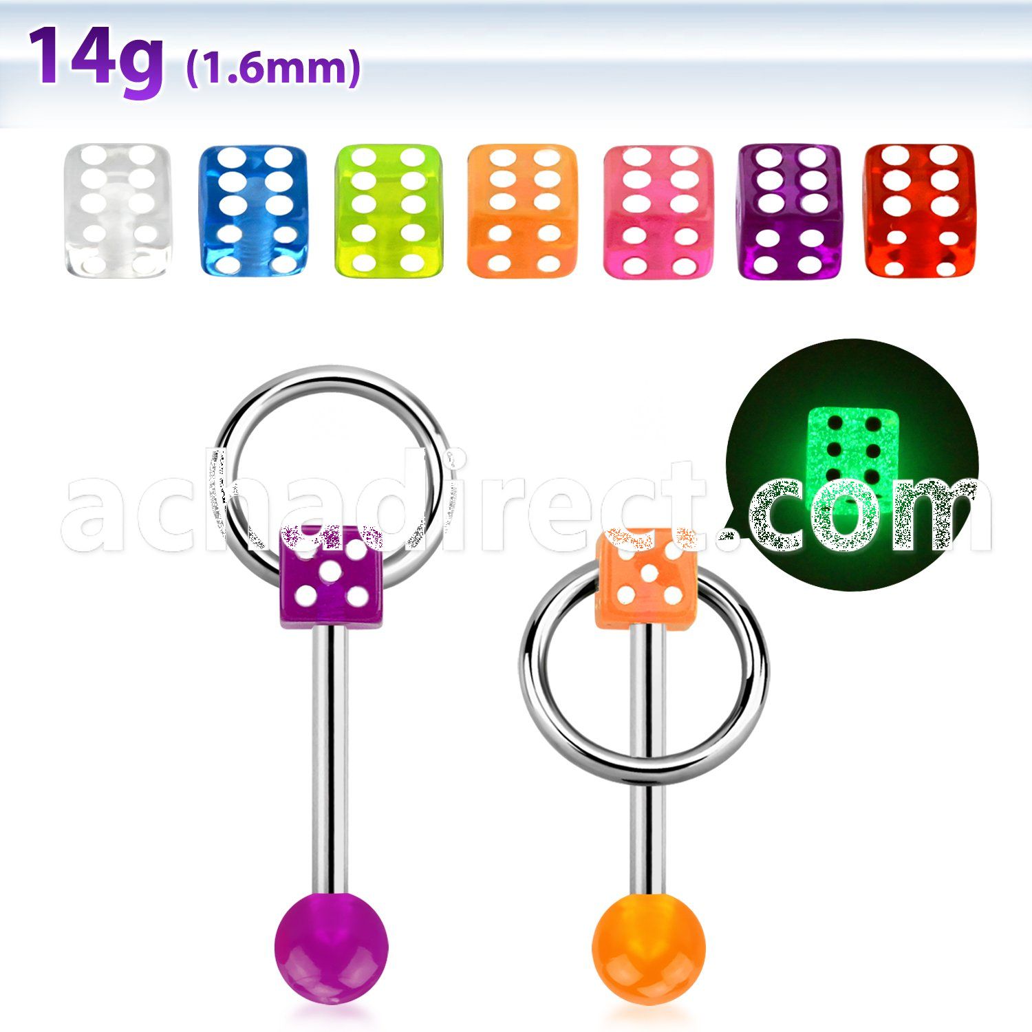 bbgldisl 316l steel tongue barbell glow in the dark dice w ring